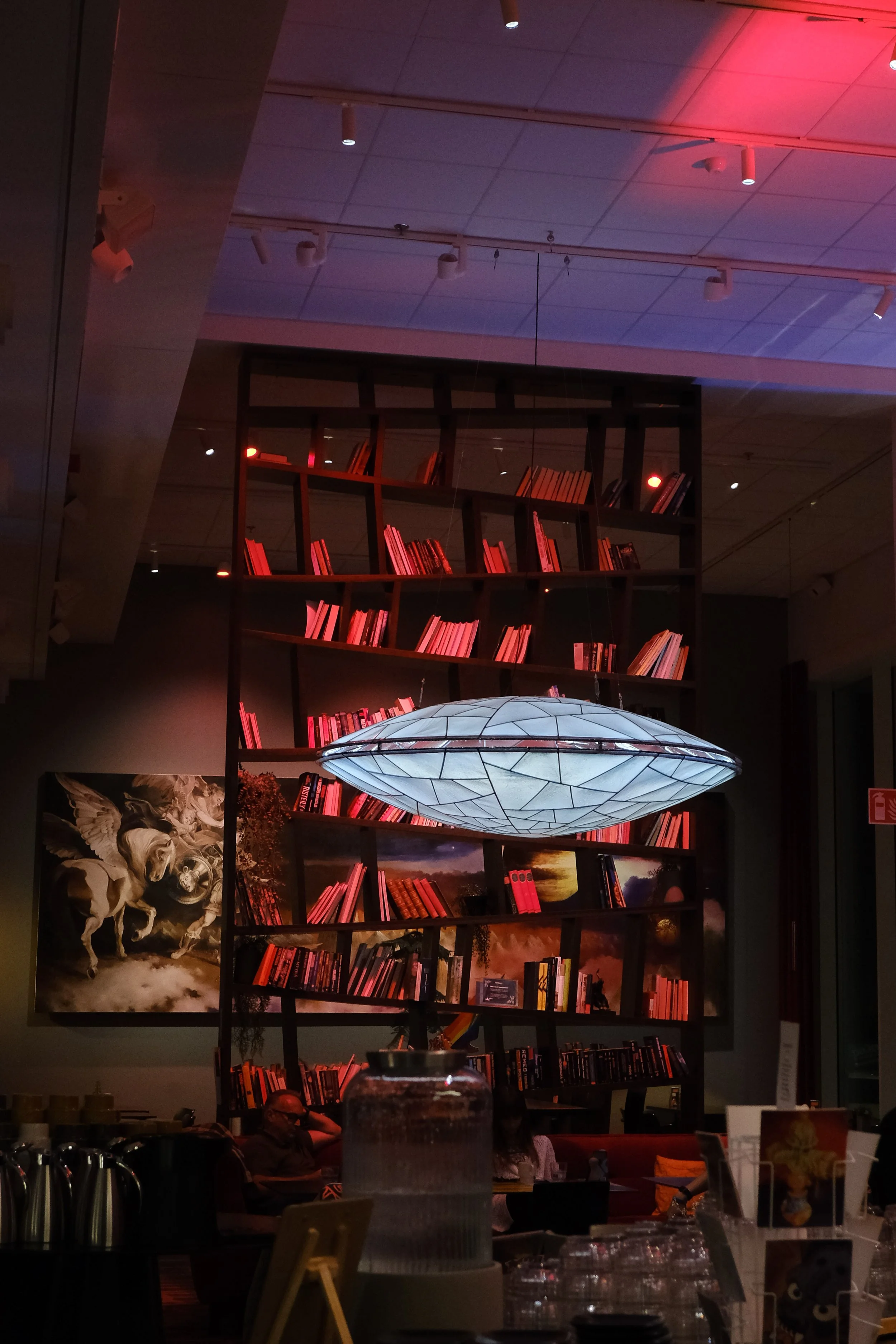 Atmospheric lounge with illuminated bookshelves and curated contemporary art