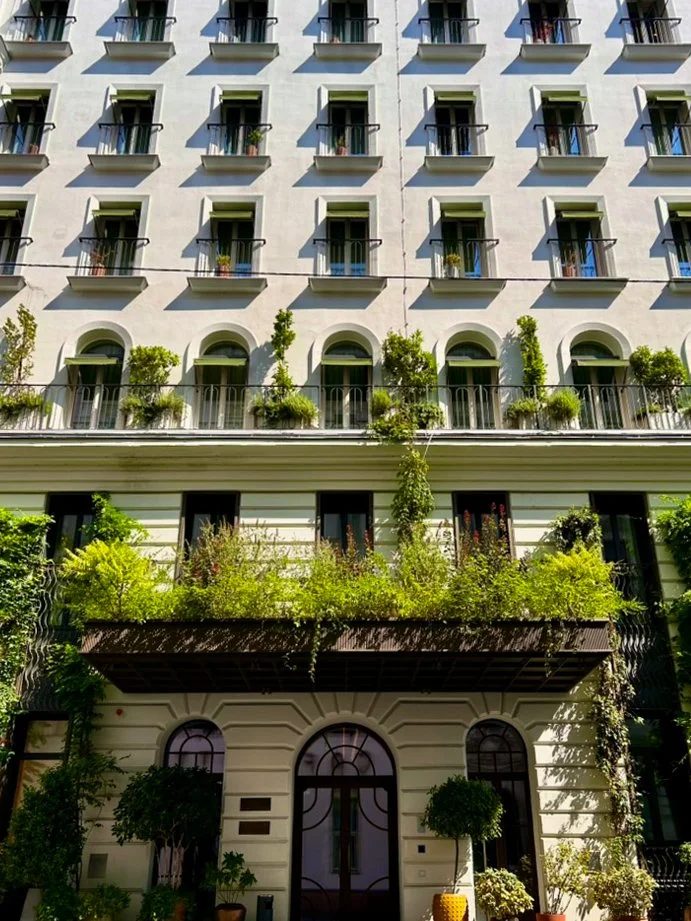 Elegant boutique hotel façade adorned with lush greenery in central Vienna