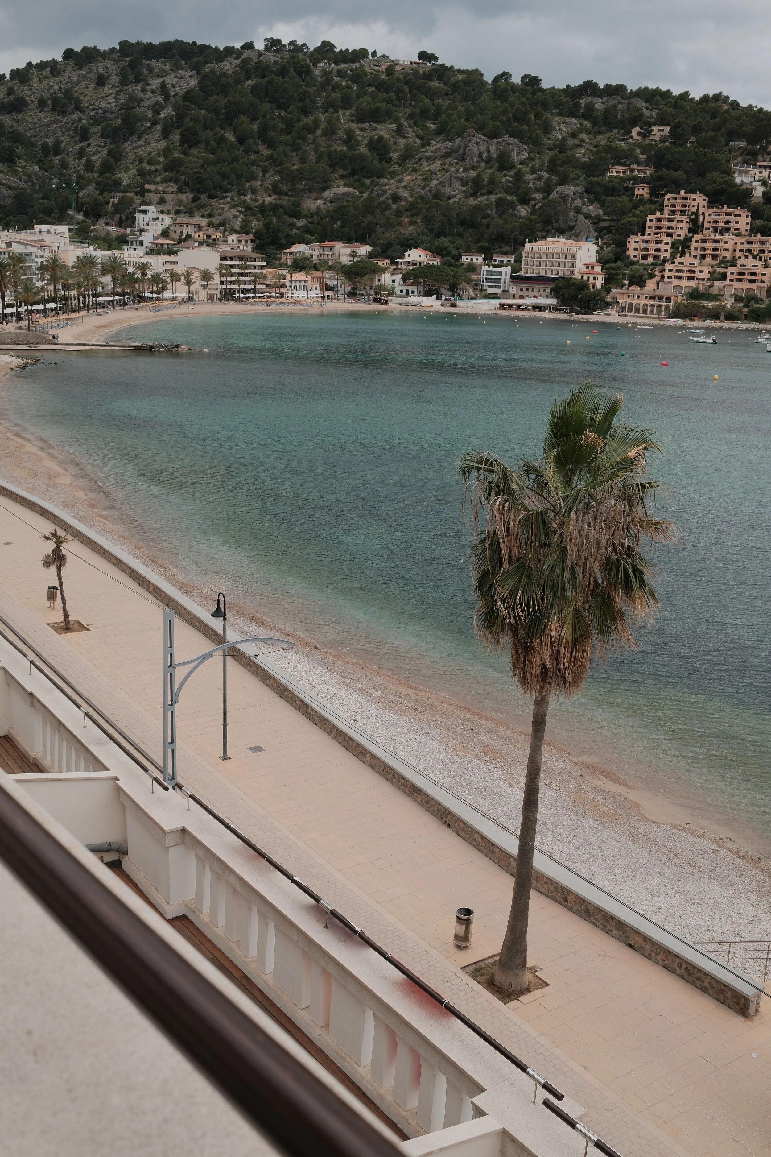Balcony view over the bay of Port de Sóller from Hotel Espléndido in Mallorca