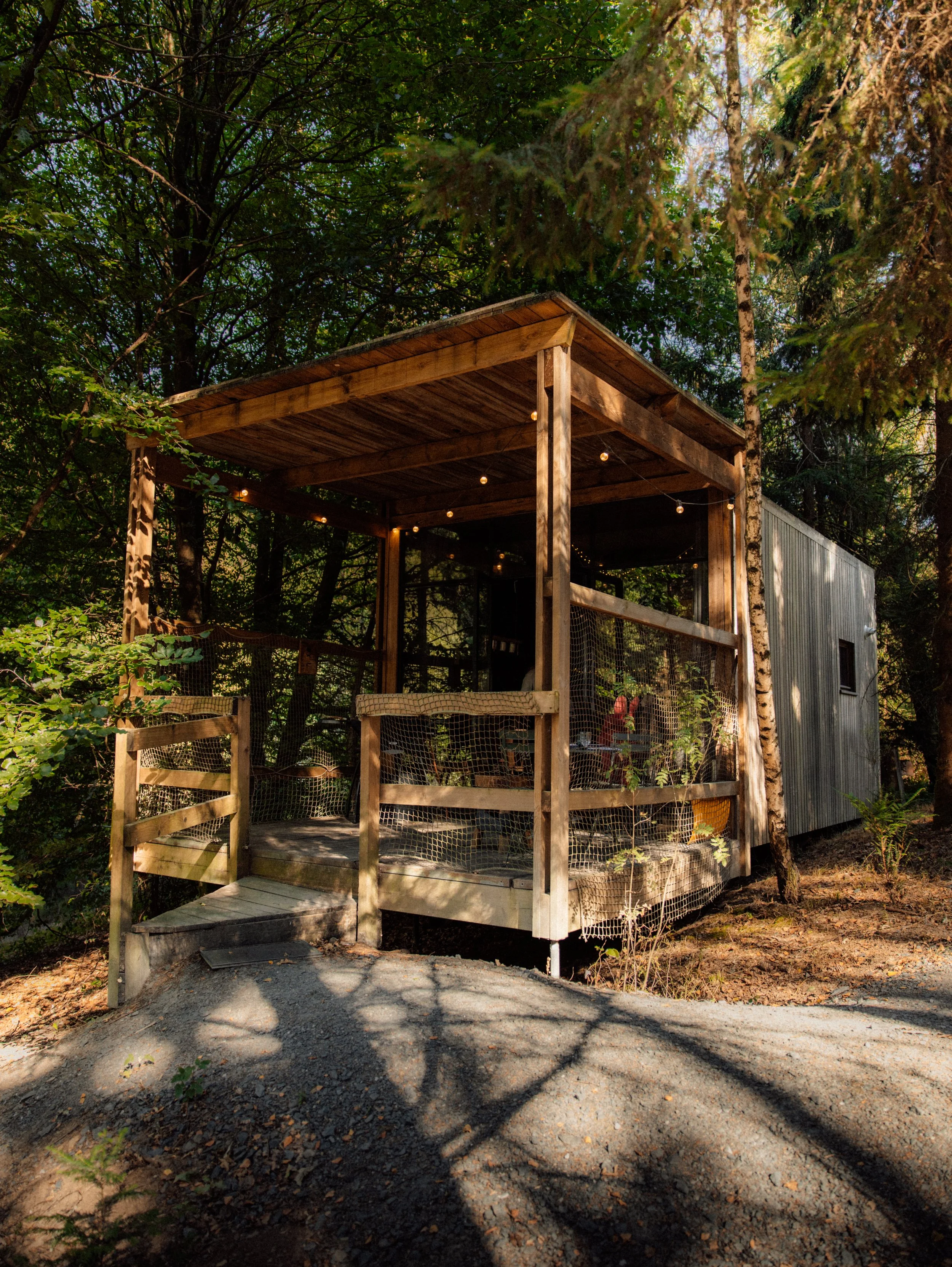 Cosy forest cabin featuring a covered terrace surrounded by nature