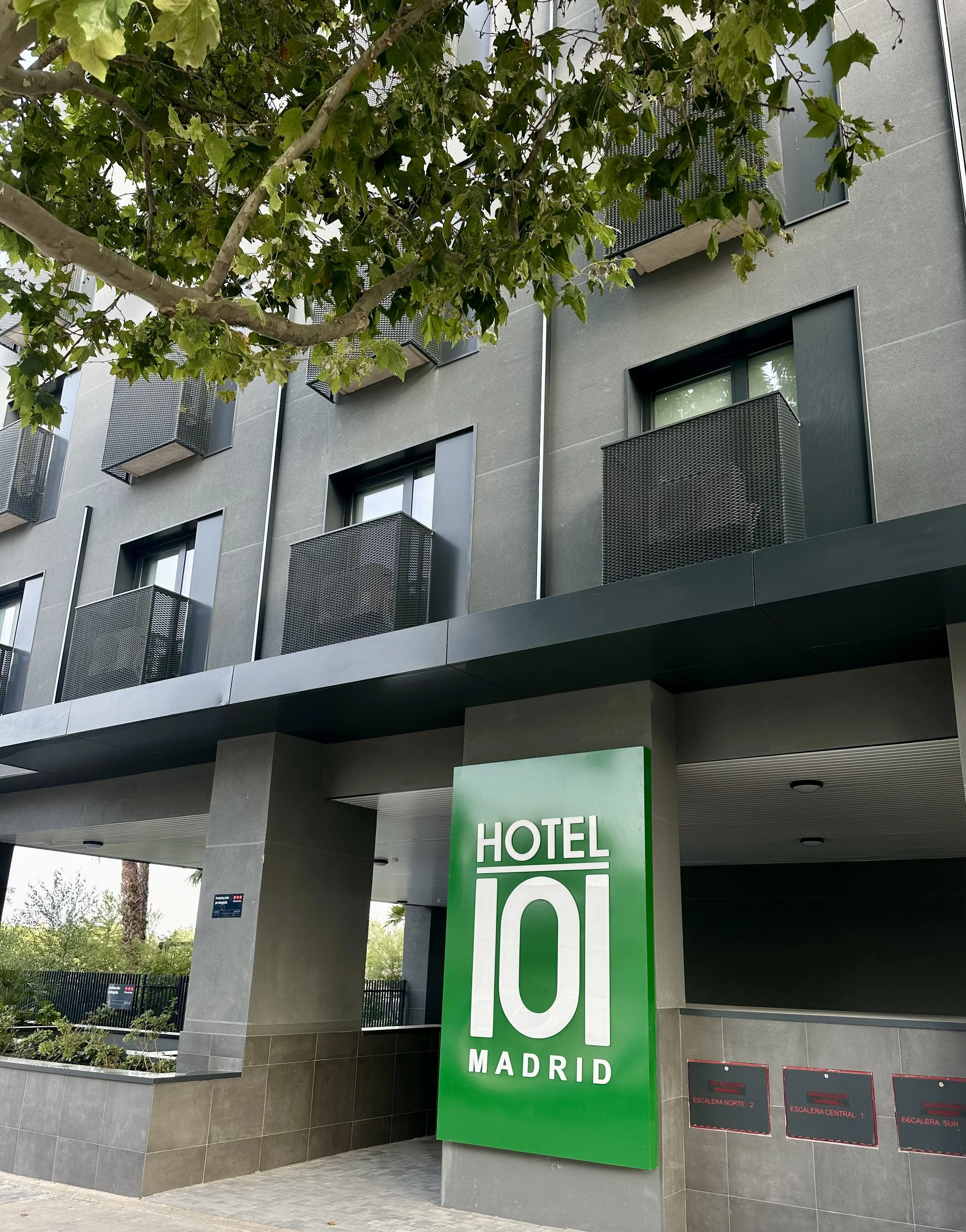 Modern hotel façade in Madrid with distinctive contemporary architecture