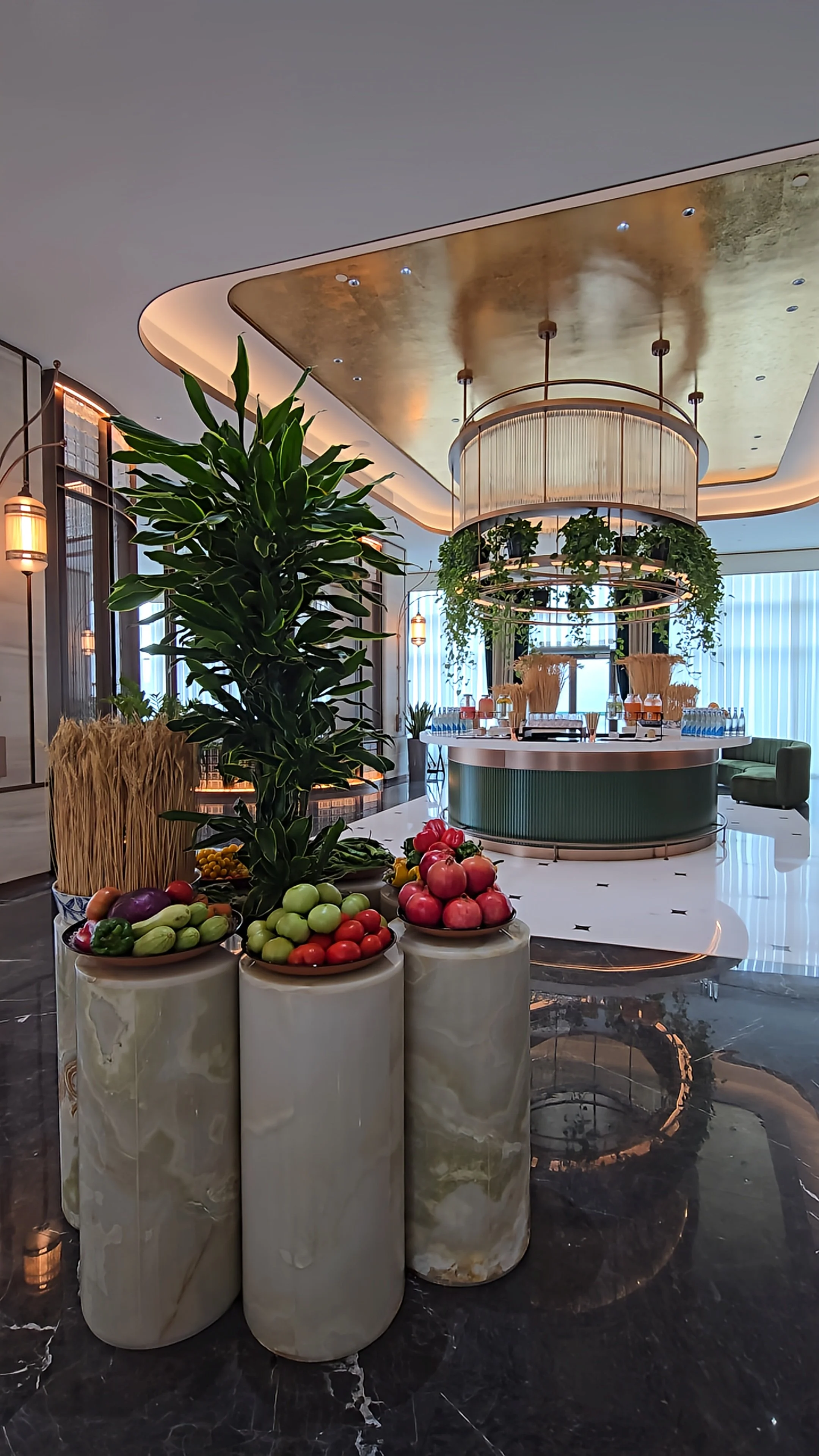 Refined breakfast area showcasing fresh seasonal produce and contemporary luxury interiors at JW Marriott Hotel Tashkent