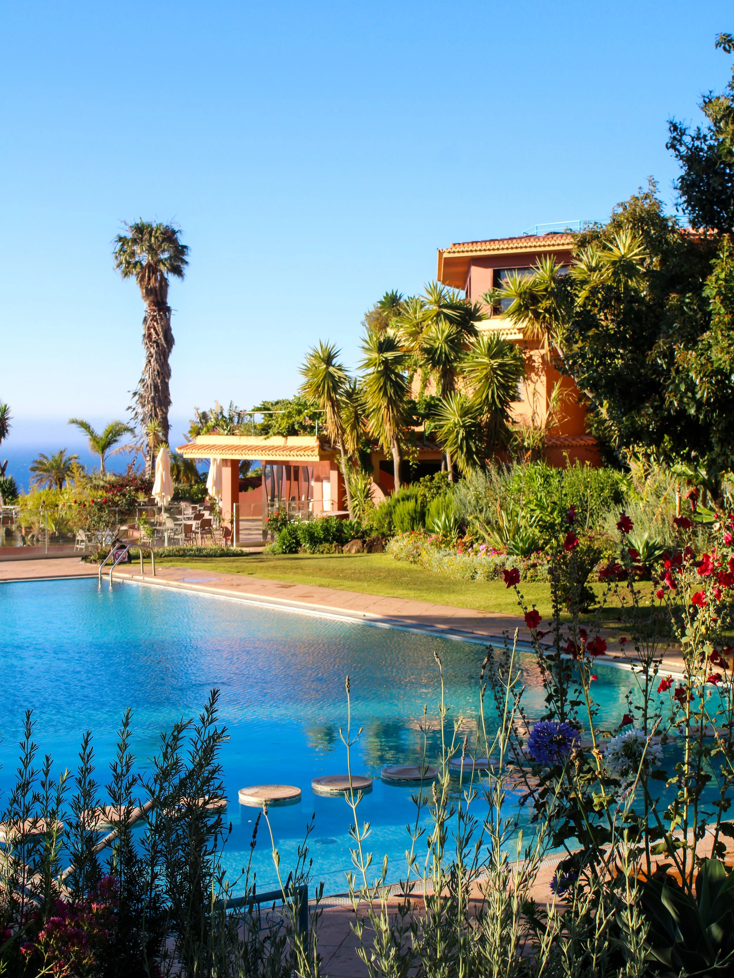 Outdoor swimming pool surrounded by botanical gardens, palm trees, and island sunshine