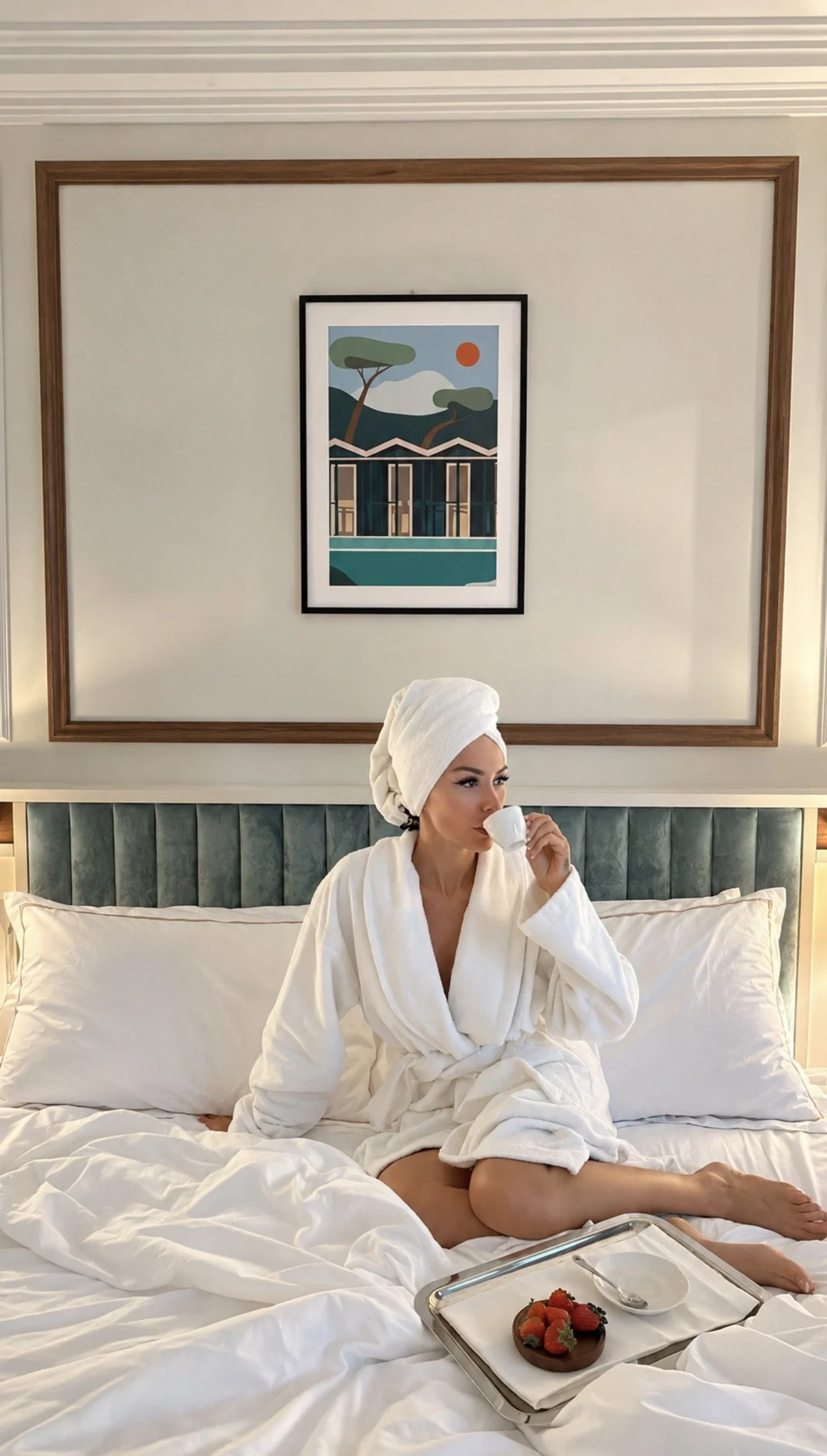 Guest enjoying morning coffee in bed with fresh strawberries and elegant contemporary interiors