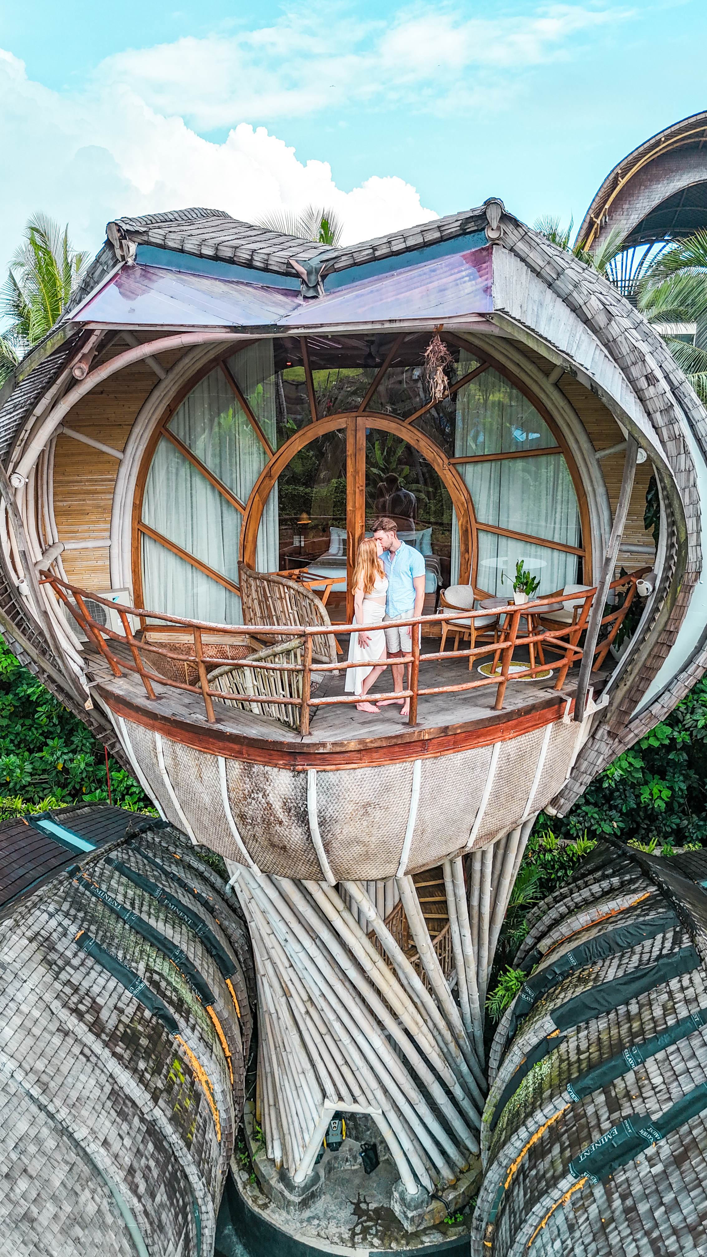Aerial view of bamboo treehouse villa with private terrace at Ulaman Eco Luxury Resort Bali