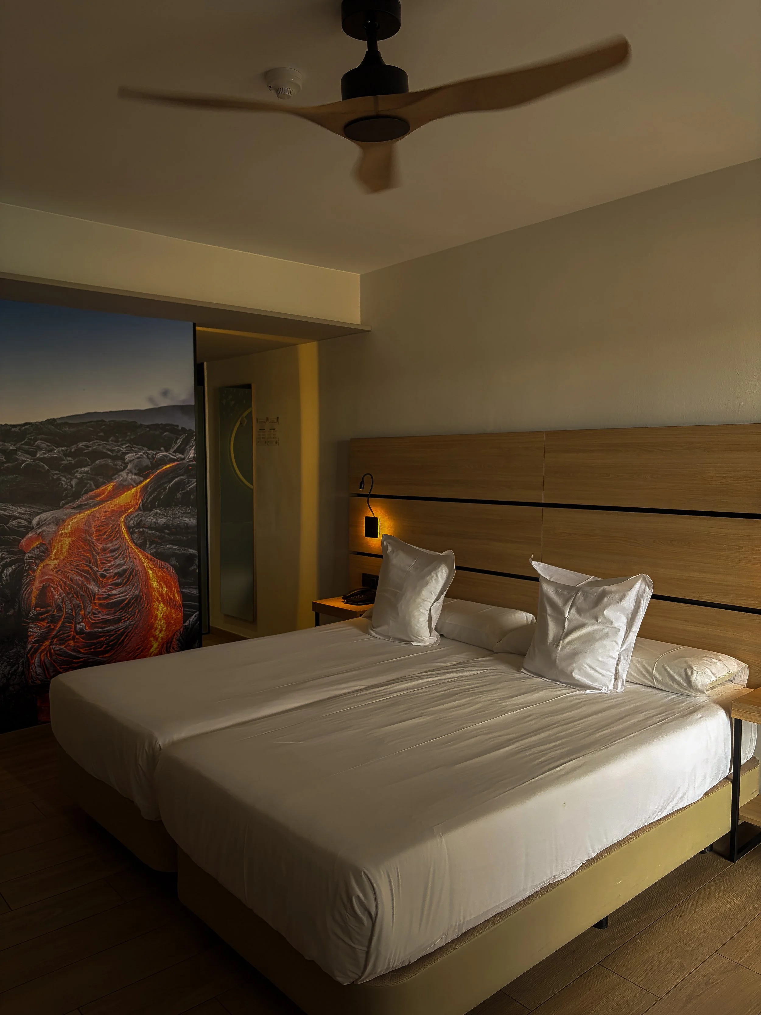 Contemporary guest room featuring a spacious double bed, natural wood furnishings, and volcanic landscape artwork