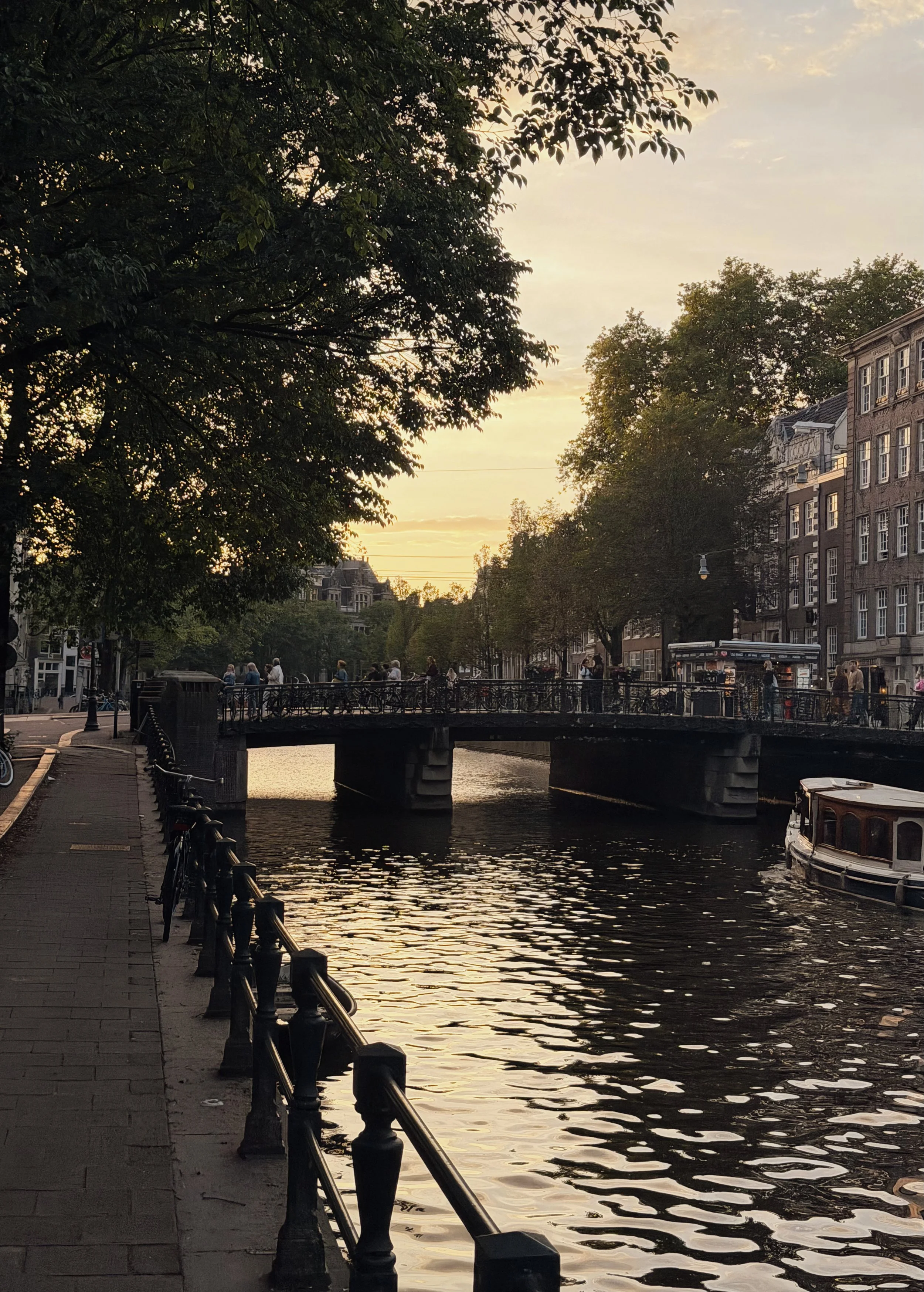 Golden sunset over a peaceful Amsterdam canal and historic bridge
