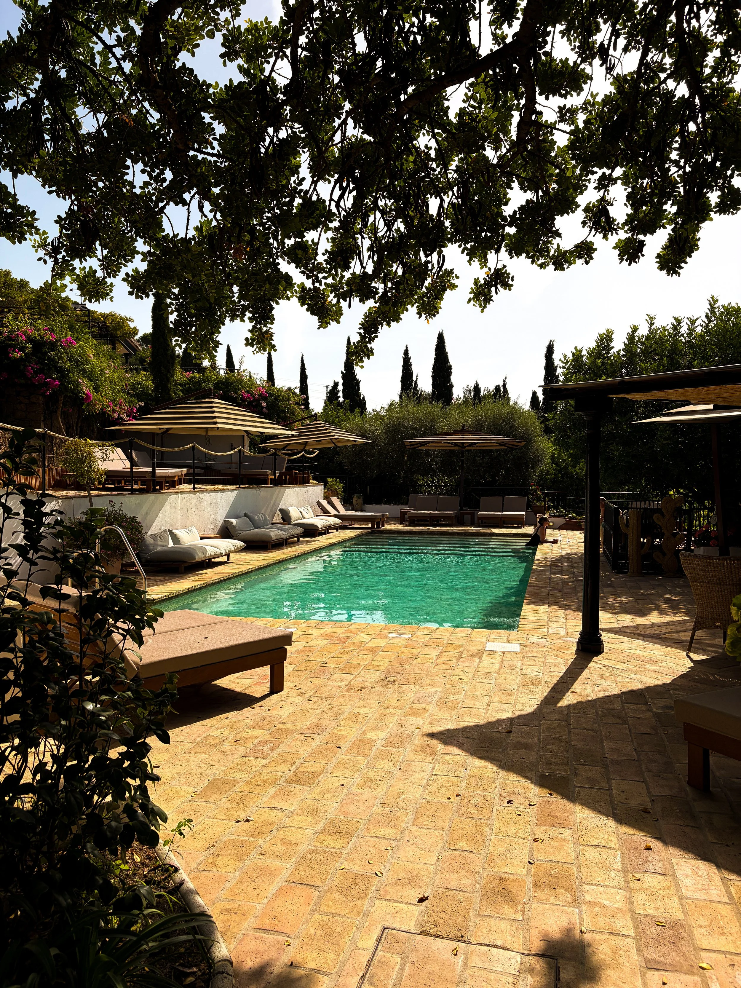 Outdoor pool terrace framed by Mediterranean gardens and comfortable sun loungers