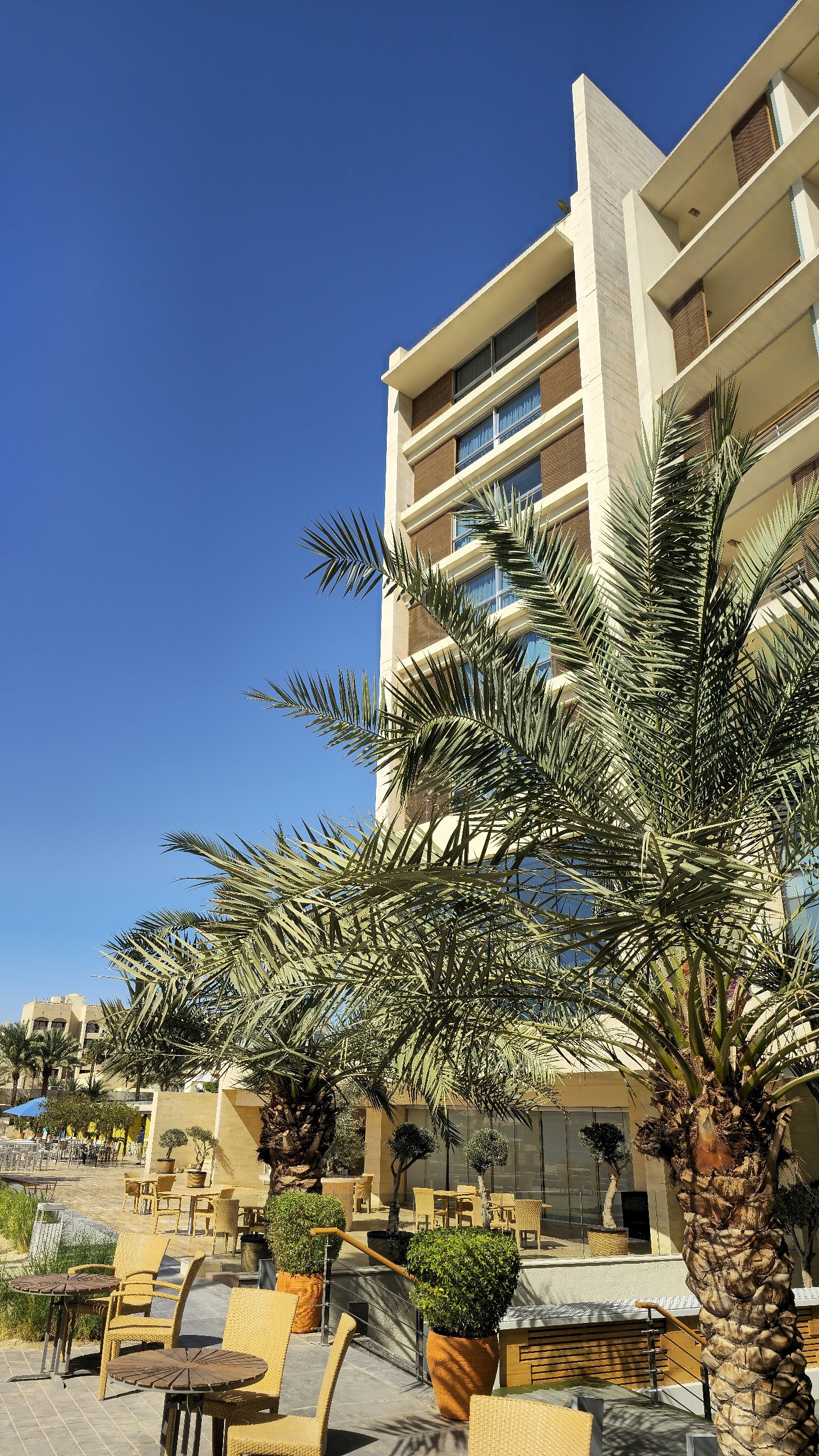Palm-lined terrace with outdoor seating beneath a clear blue sky and contemporary hotel façade, Kempinski Hotel Aqaba Red Sea – Aqaba, Jordan.