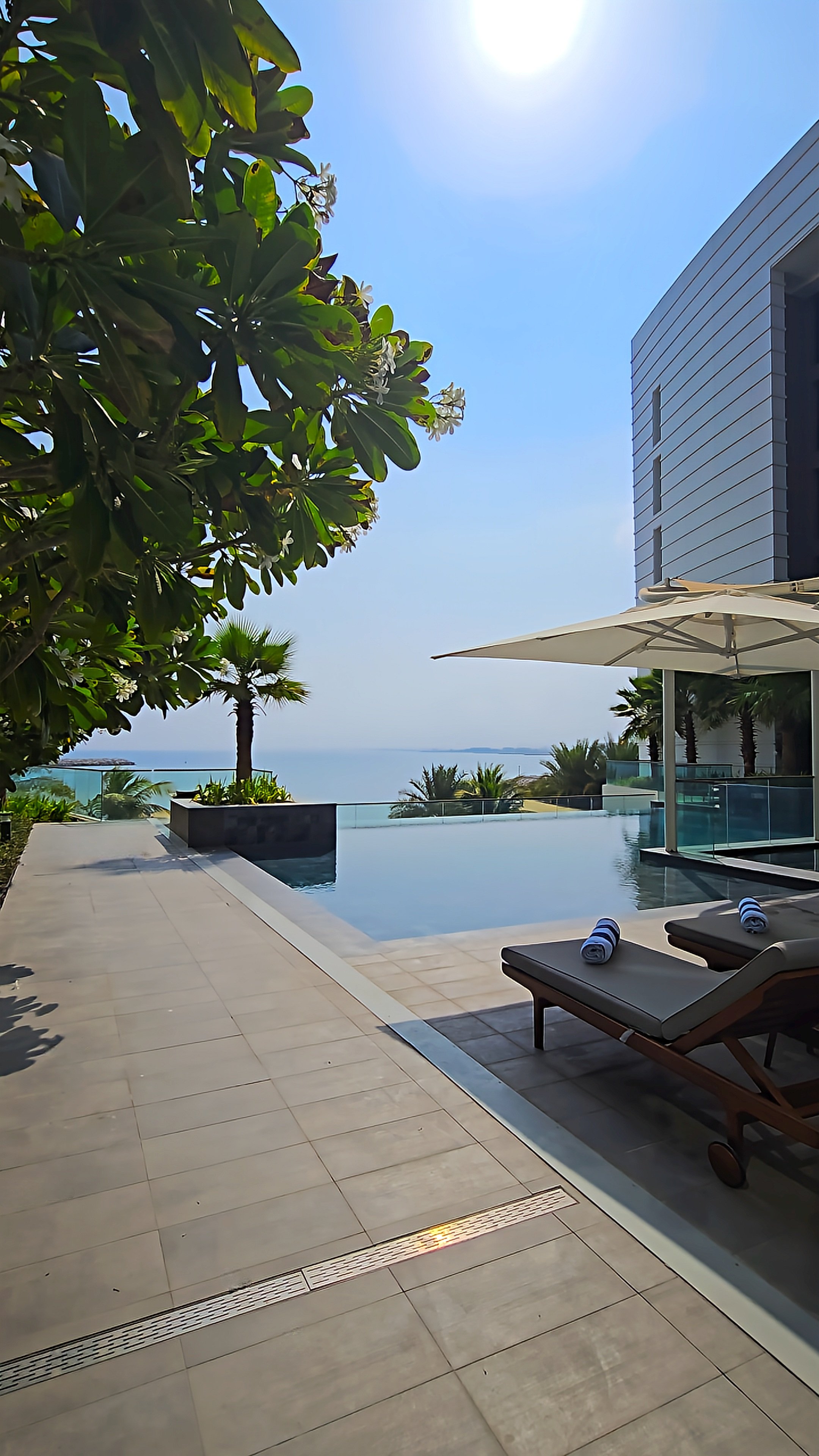 Outdoor infinity swimming pool overlooking the Arabian Sea with sun loungers, white umbrellas, and tropical greenery