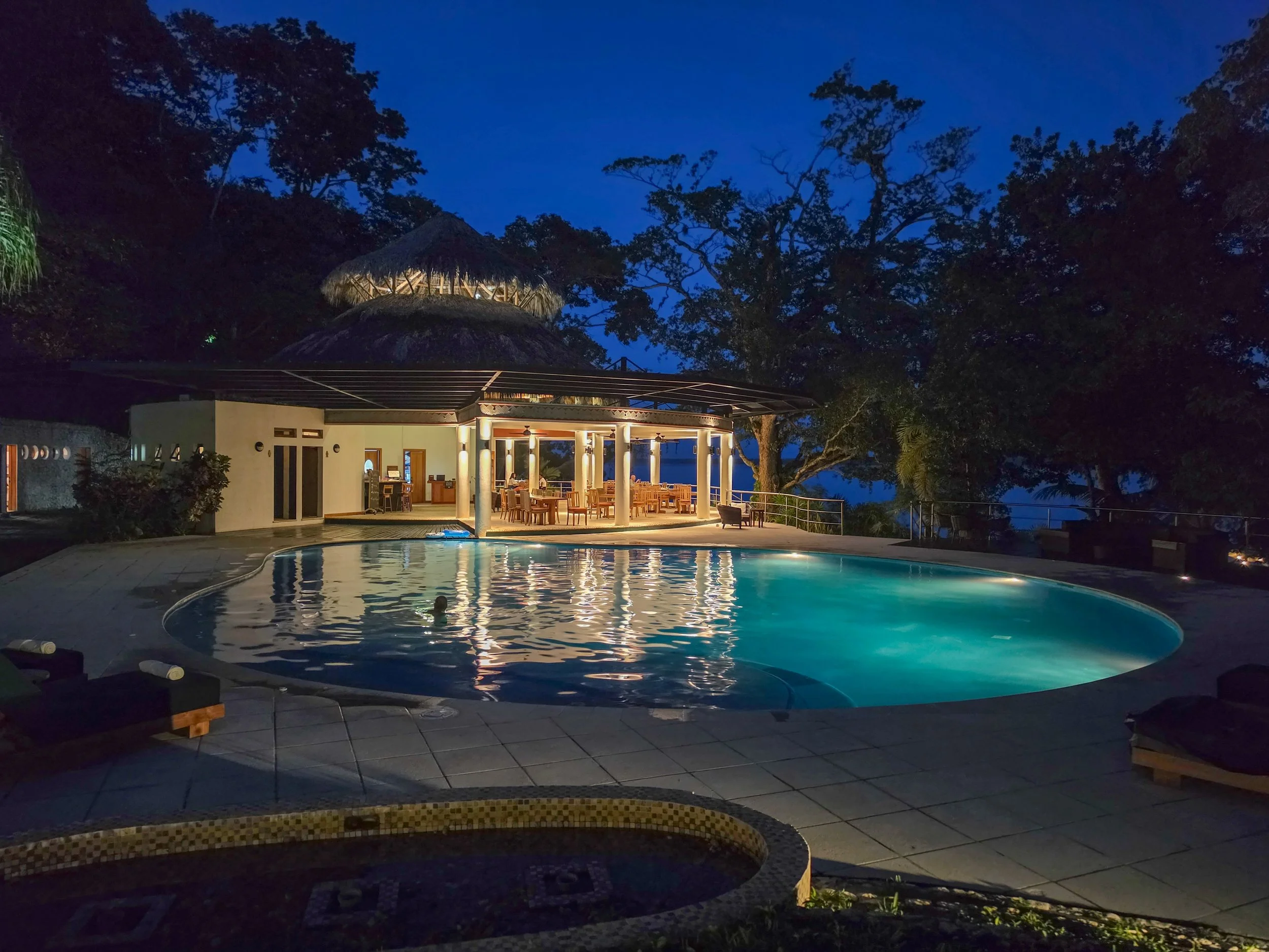 Swimming pool beautifully illuminated beneath the tropical night sky