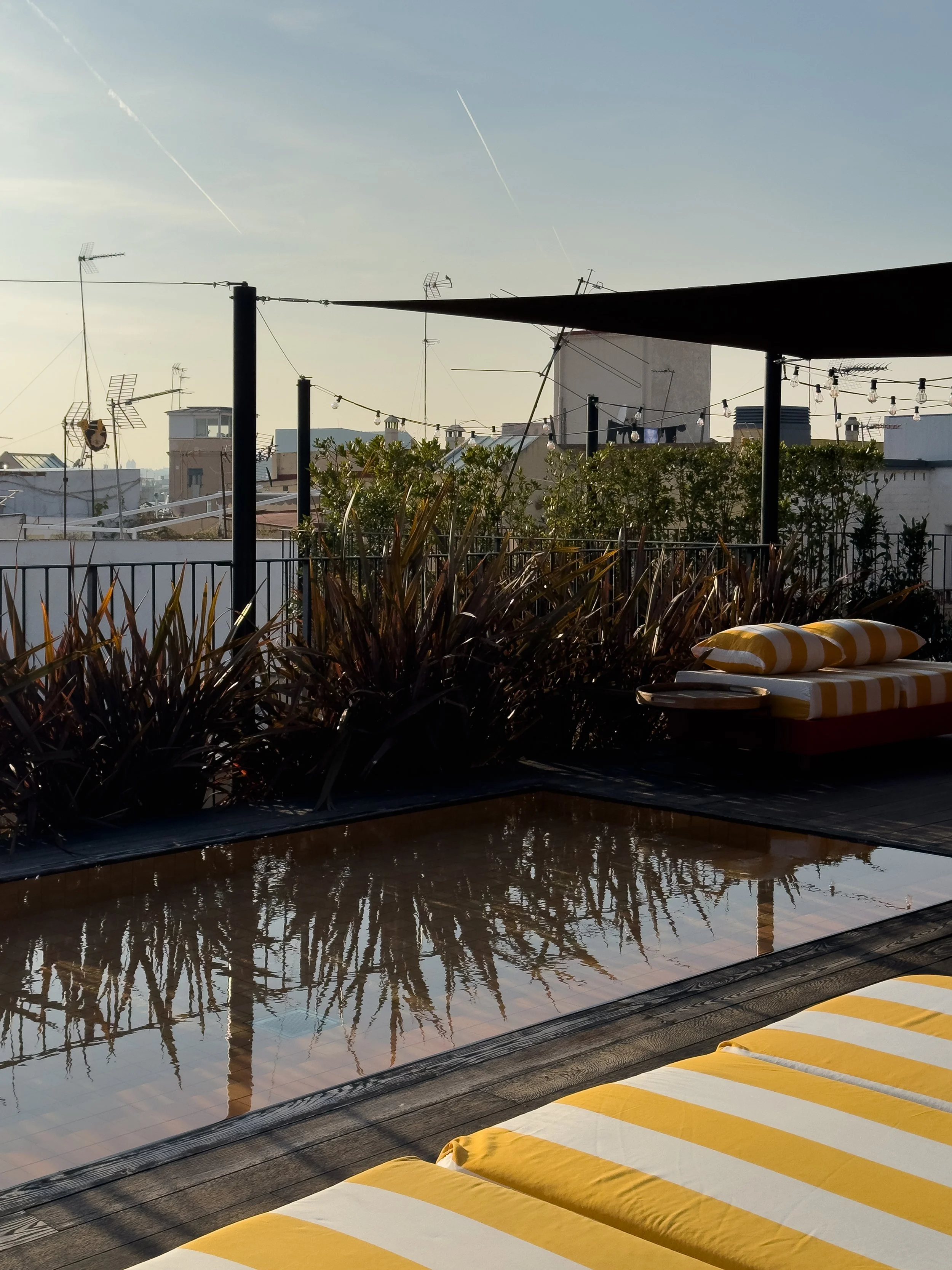 Rooftop plunge pool with striped loungers overlooking the rooftops of Barcelona at Wittmore Hotel