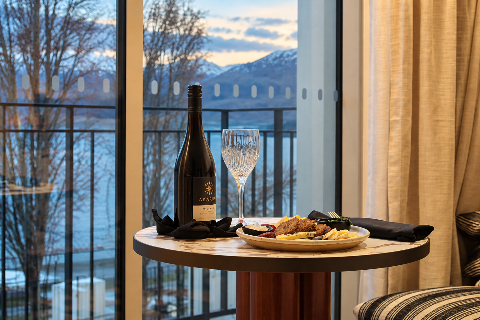 Wine and cheese platter overlooking Lake Wakatipu and the surrounding mountains at sunset