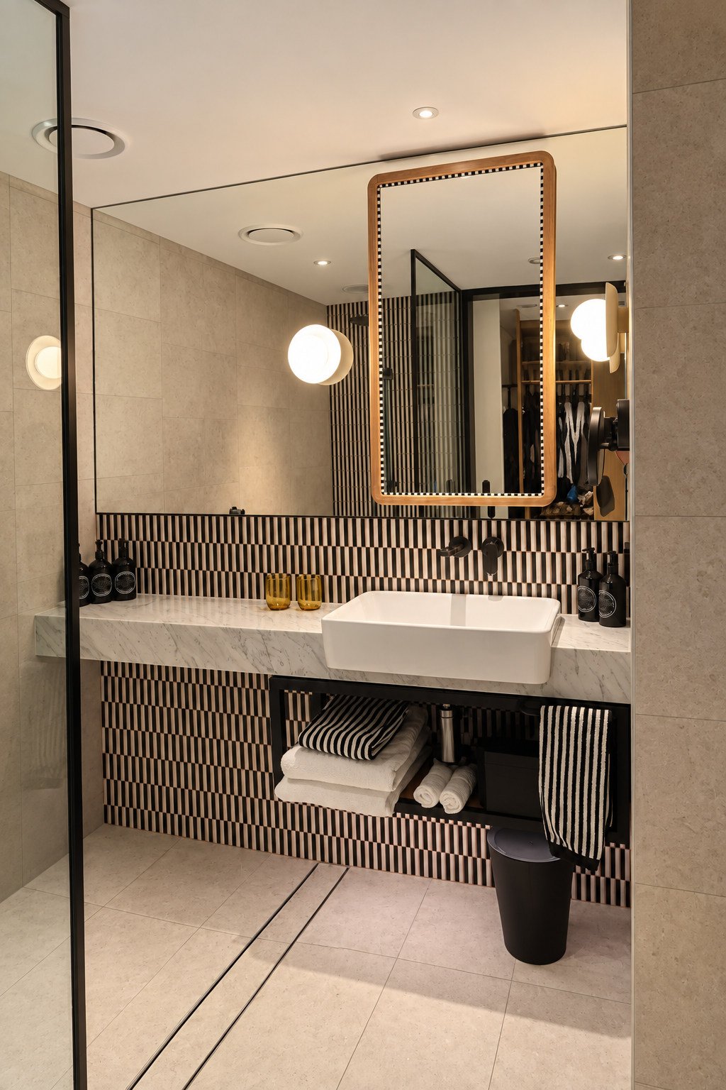 Contemporary hotel bathroom featuring a marble vanity, illuminated mirror, striped tiles, and elegant fixtures
