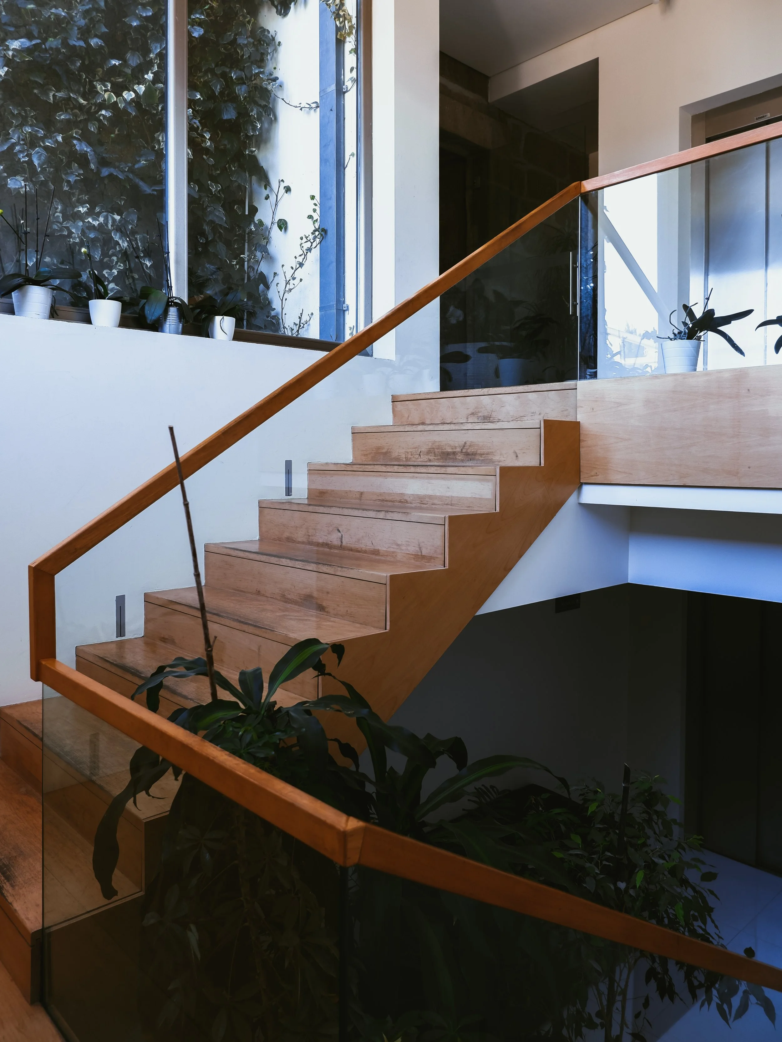 Modern interior staircase with wood and glass details, complemented by natural light and indoor greenery, Casas Novas Countryside Hotel Spa & Events – Chaves, Portugal.
