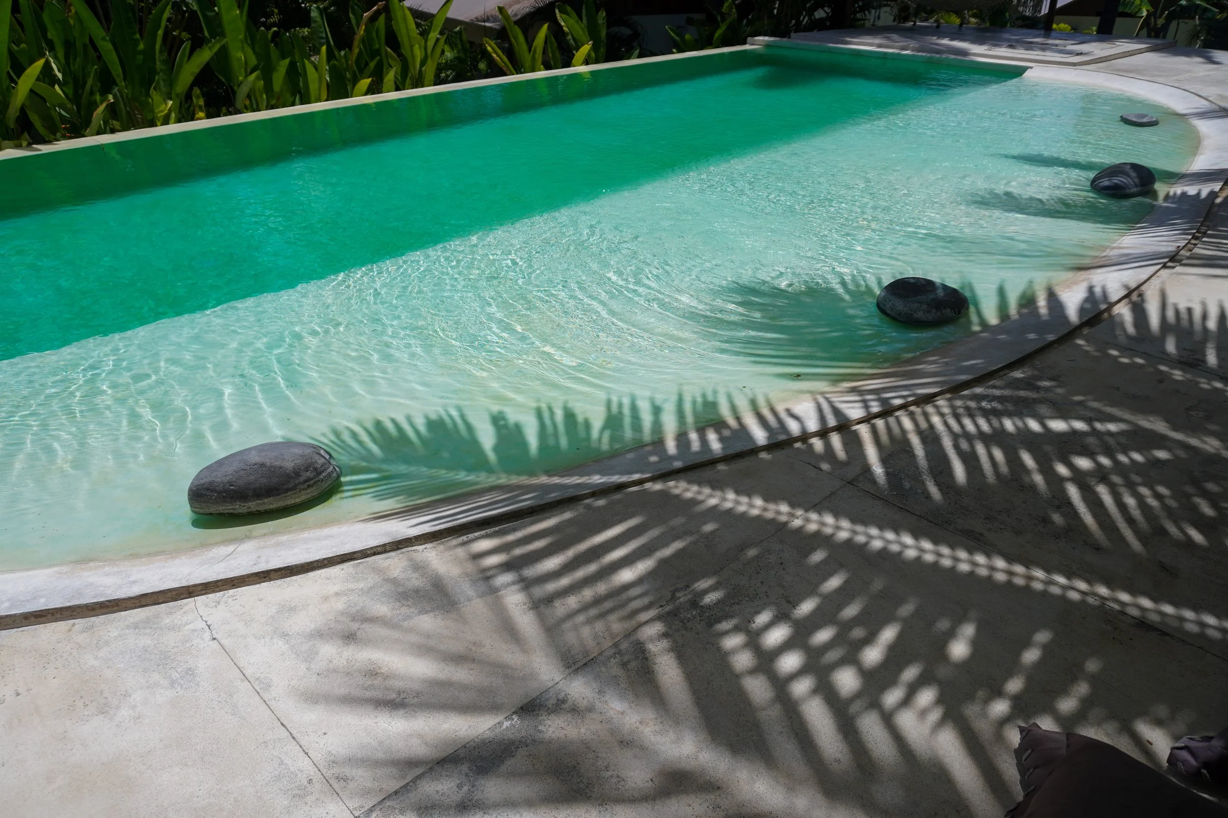 Infinity-edge pool reflecting tropical light, surrounded by swaying palms and quiet stillness, Autentik Penida – Nusa Penida, Bali.