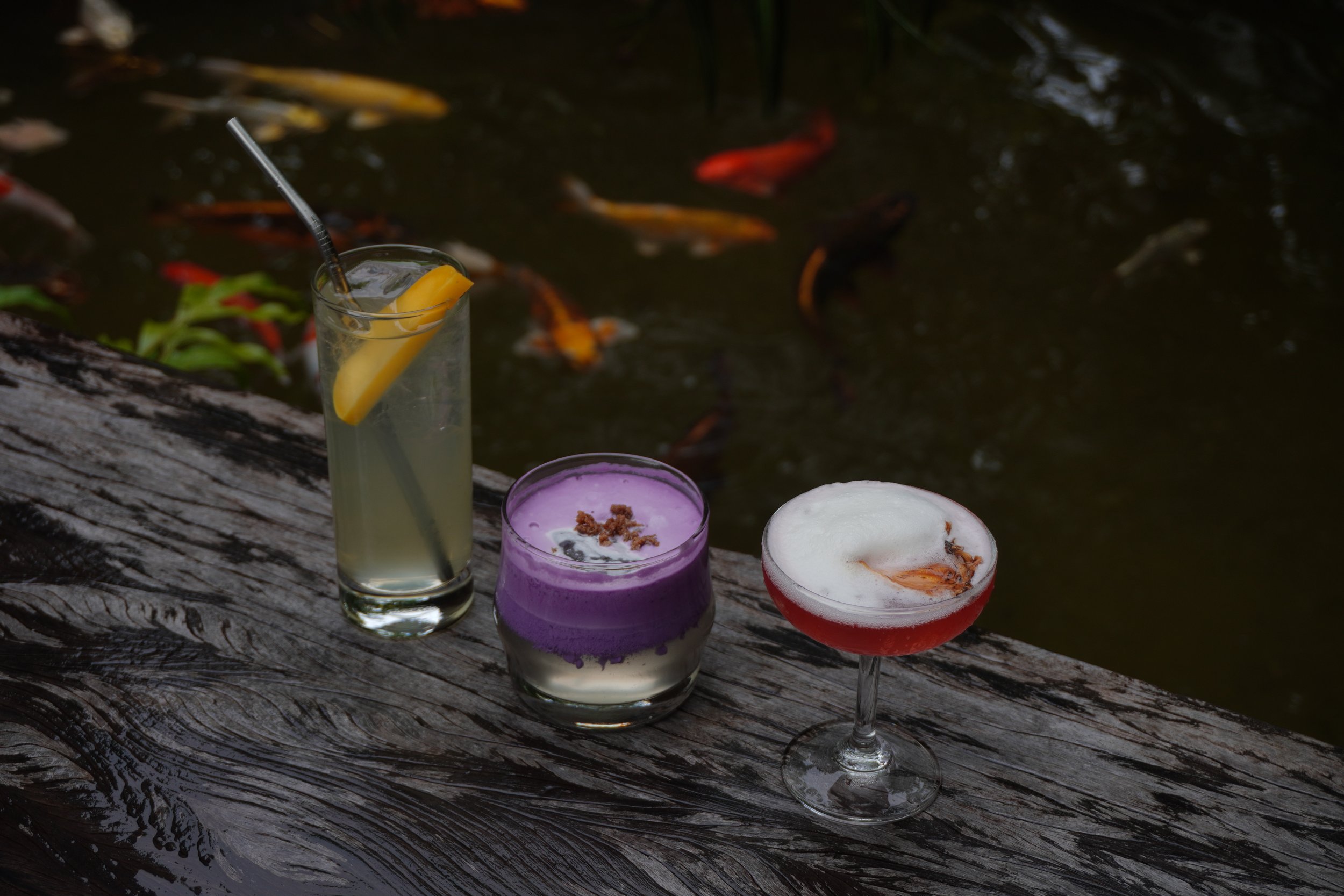 Signature handcrafted cocktails served beside the tranquil koi pond