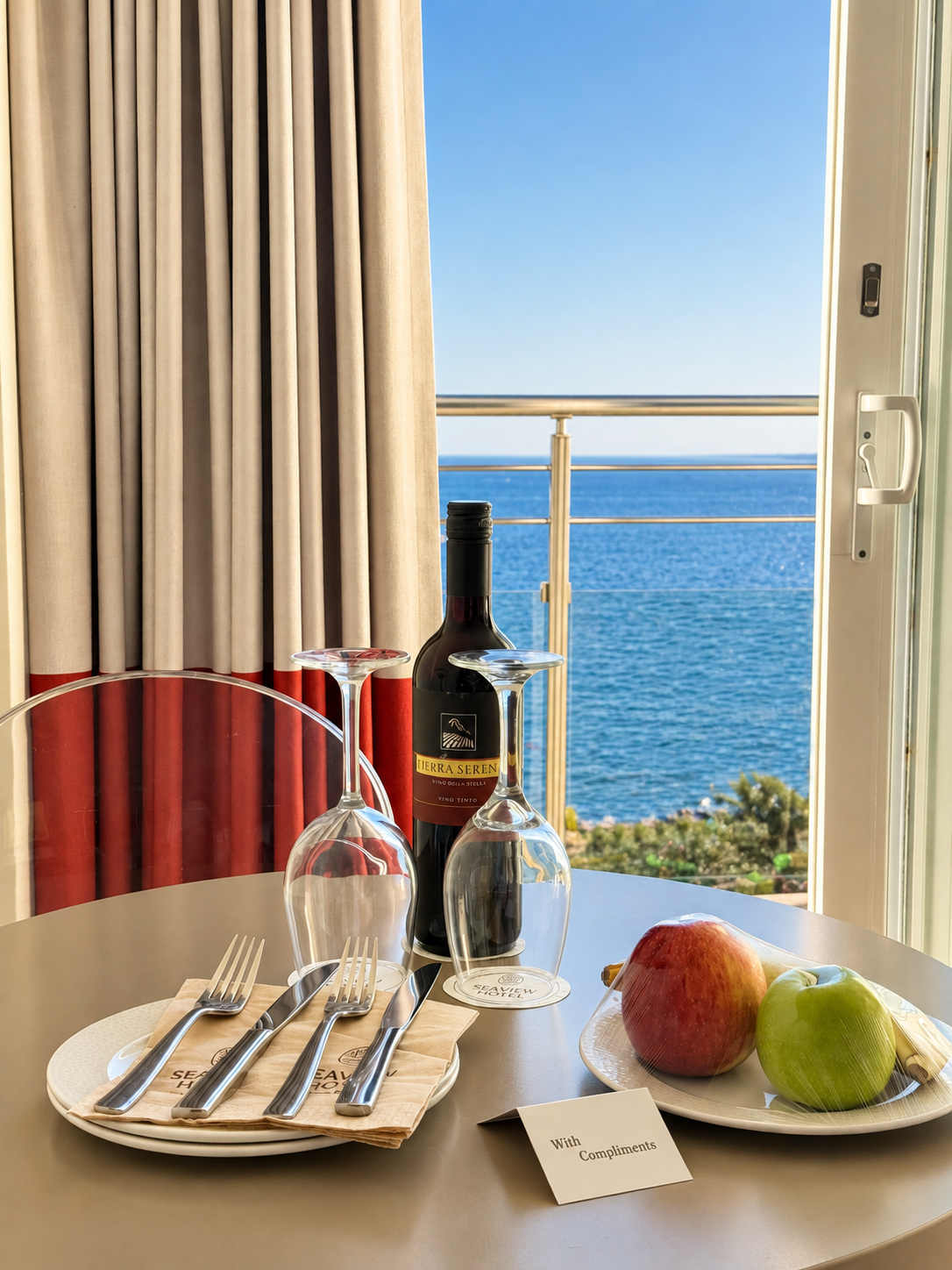 Welcome wine, fresh fruit, and glasses arranged beside a balcony with panoramic sea views