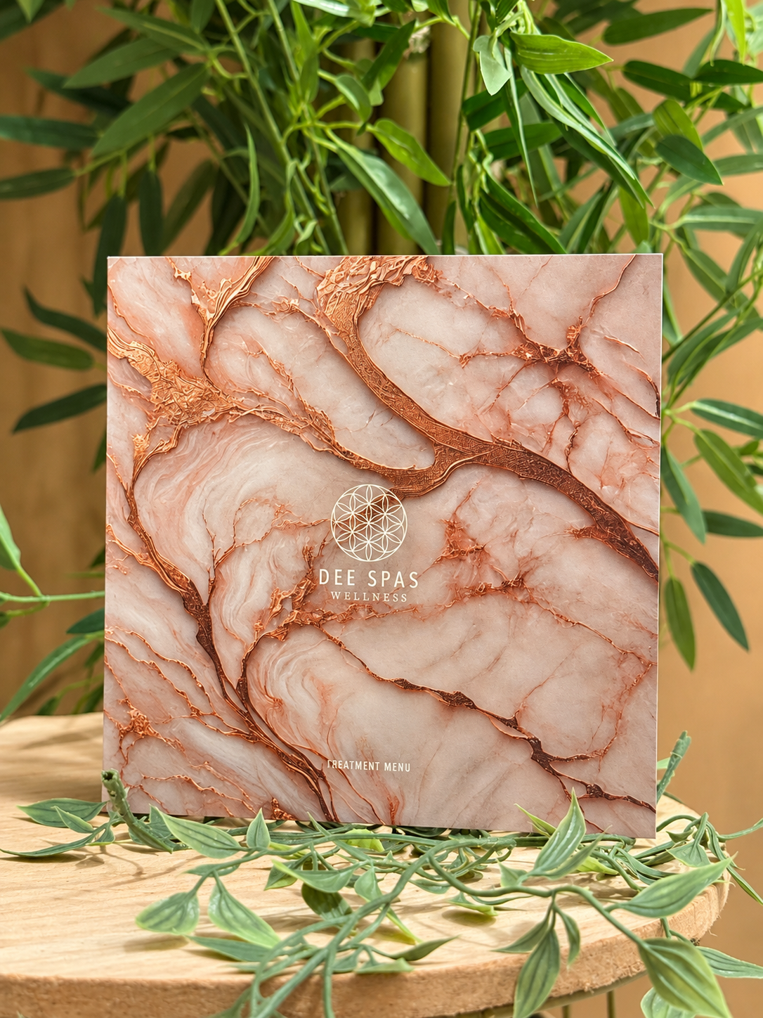 Spa treatment menu displayed among lush greenery and natural decorative details