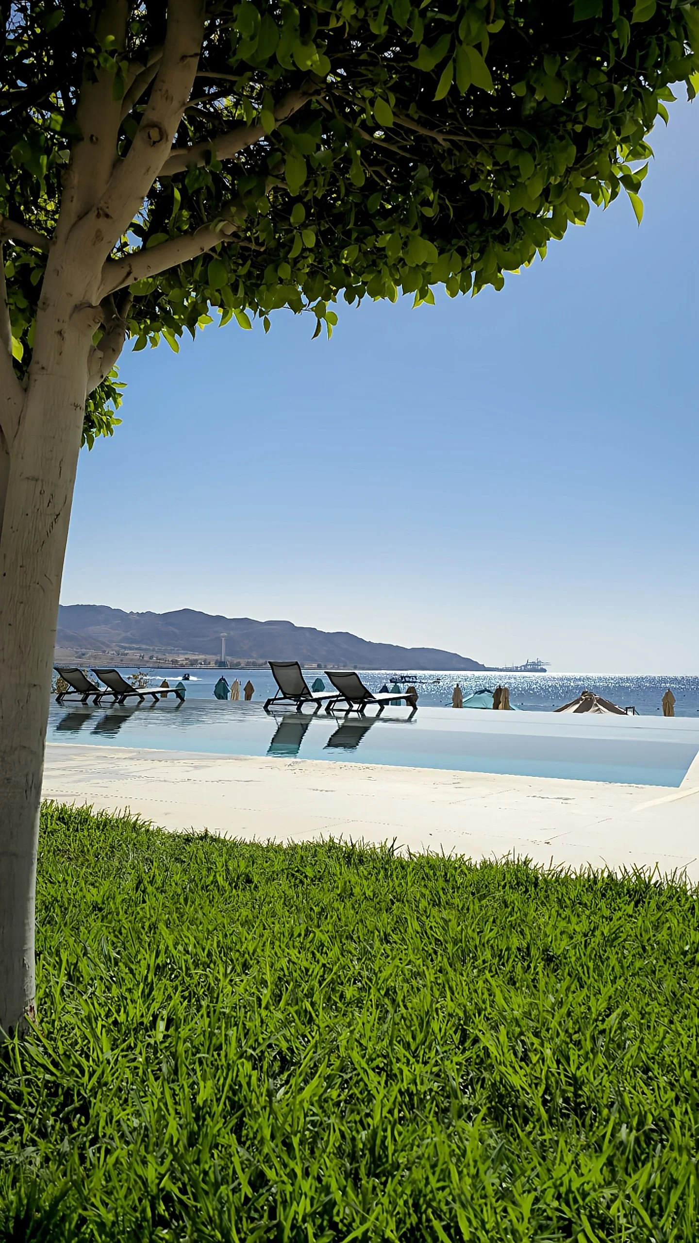Infinity pool with sun loungers facing the Red Sea and surrounding desert mountains under bright sunlight, Kempinski Hotel Aqaba Red Sea – Aqaba, Jordan.