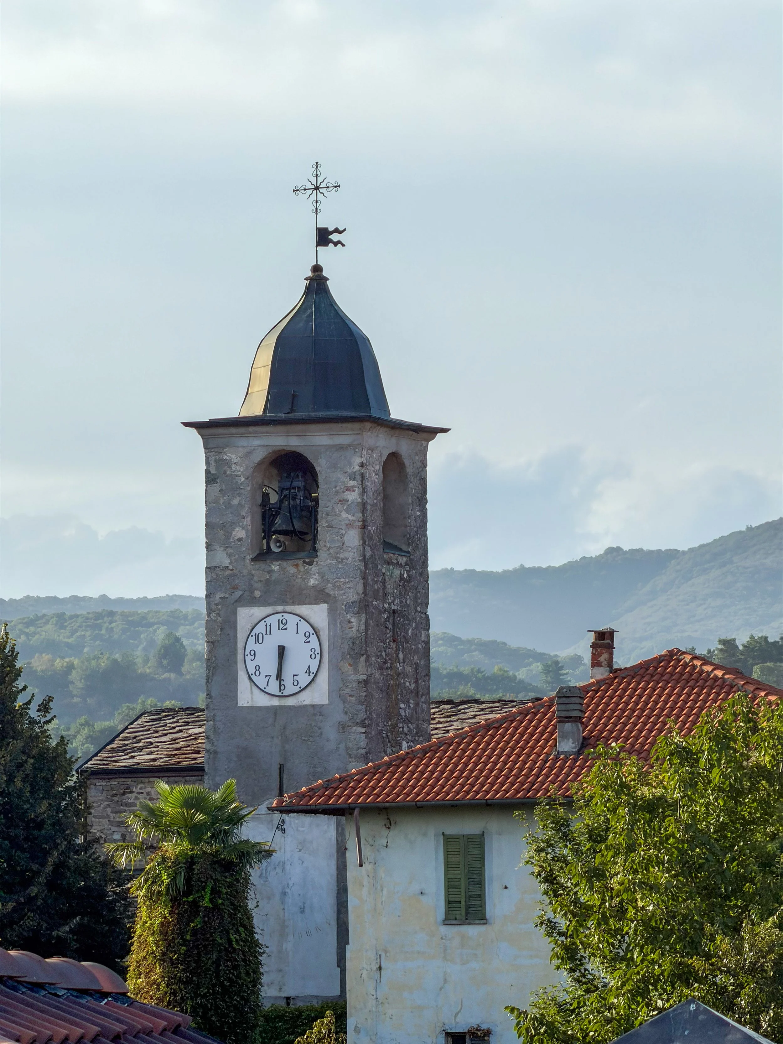 Views over the village bell tower and rolling Piedmont countryside