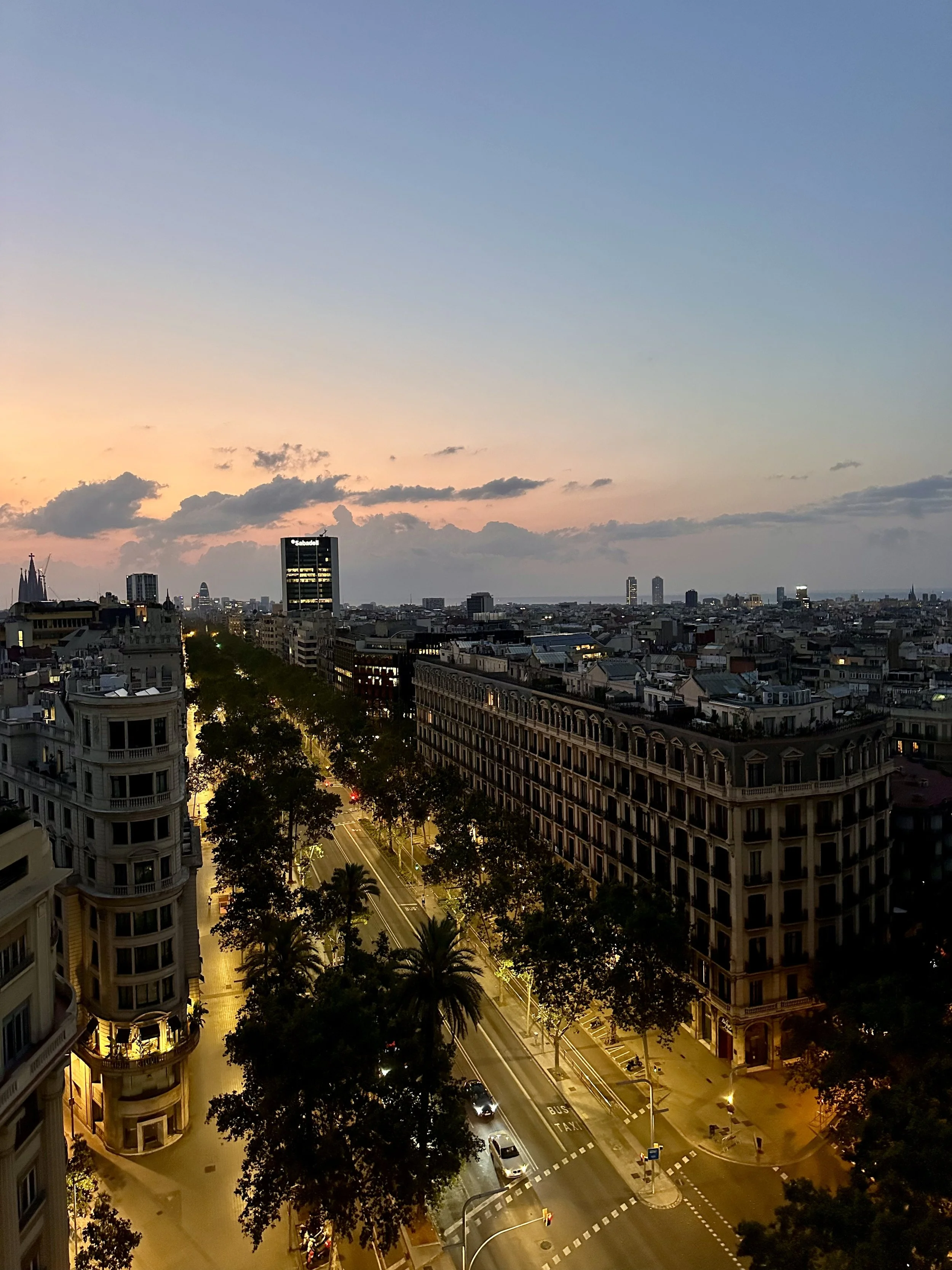 Sunset panorama across Barcelona's skyline from the upper floors