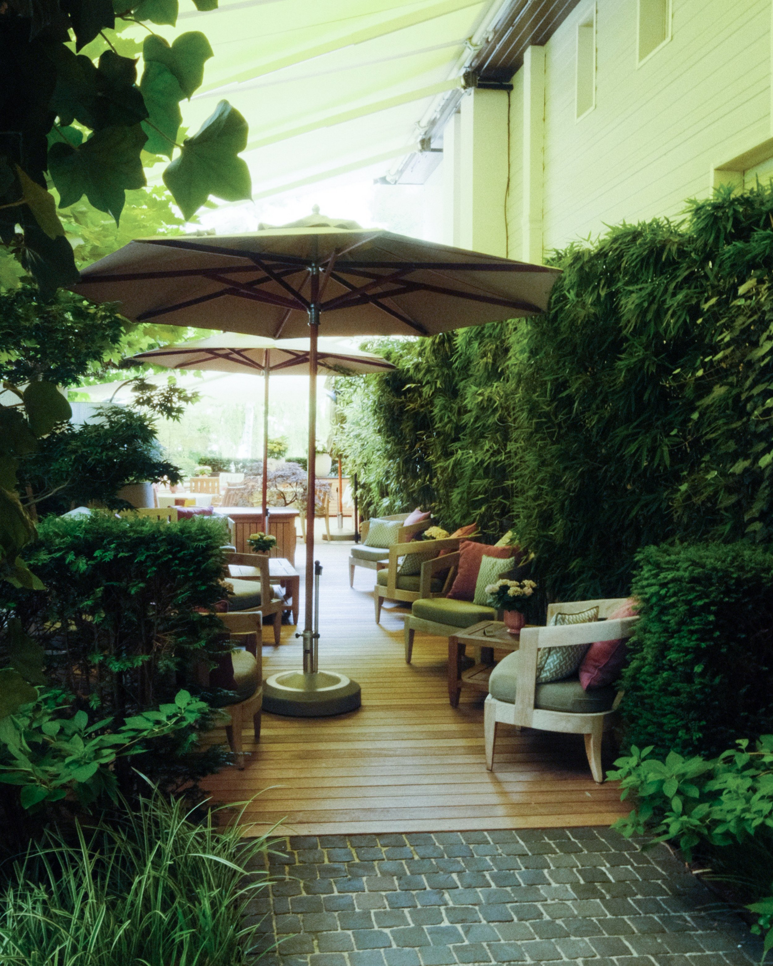 Peaceful outdoor terrace surrounded by lush greenery and comfortable seating