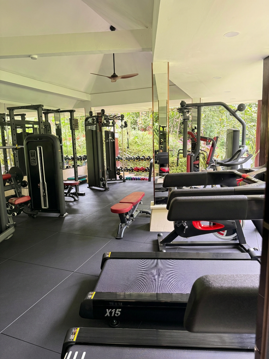 The modern fitness centre offers contemporary equipment with peaceful views across the surrounding tropical landscape