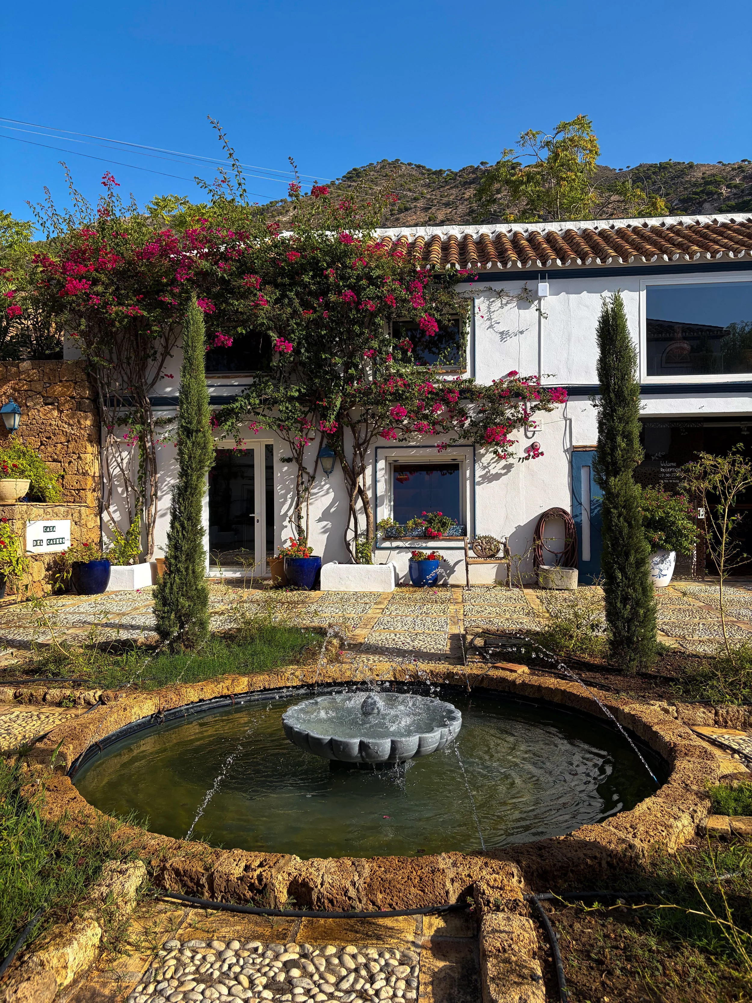 Whitewashed courtyard framed by blooming bougainvillea and a central fountain