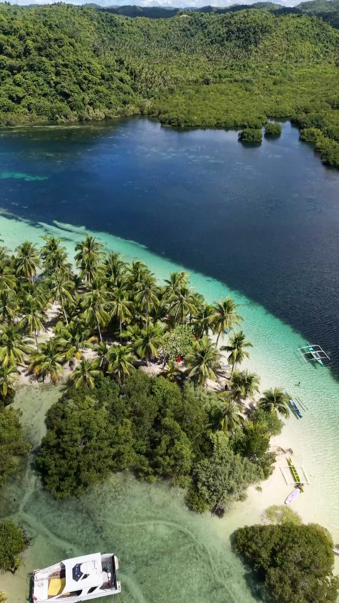 Aerial view of Siargao's turquoise coastline, white sand beaches, and lush mangrove forests