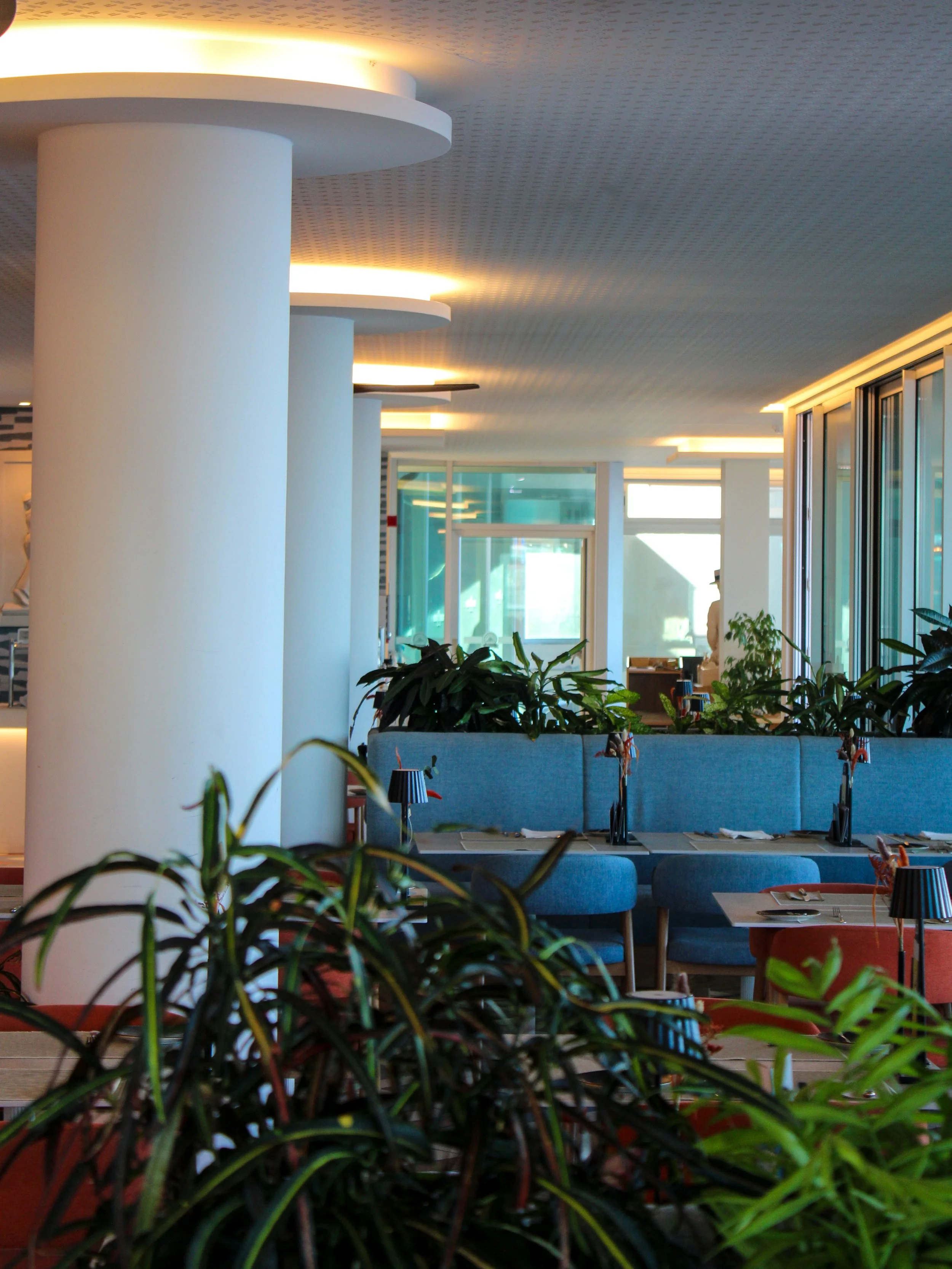 Modern restaurant with stylish interiors, lush greenery, and a relaxed dining atmosphere
