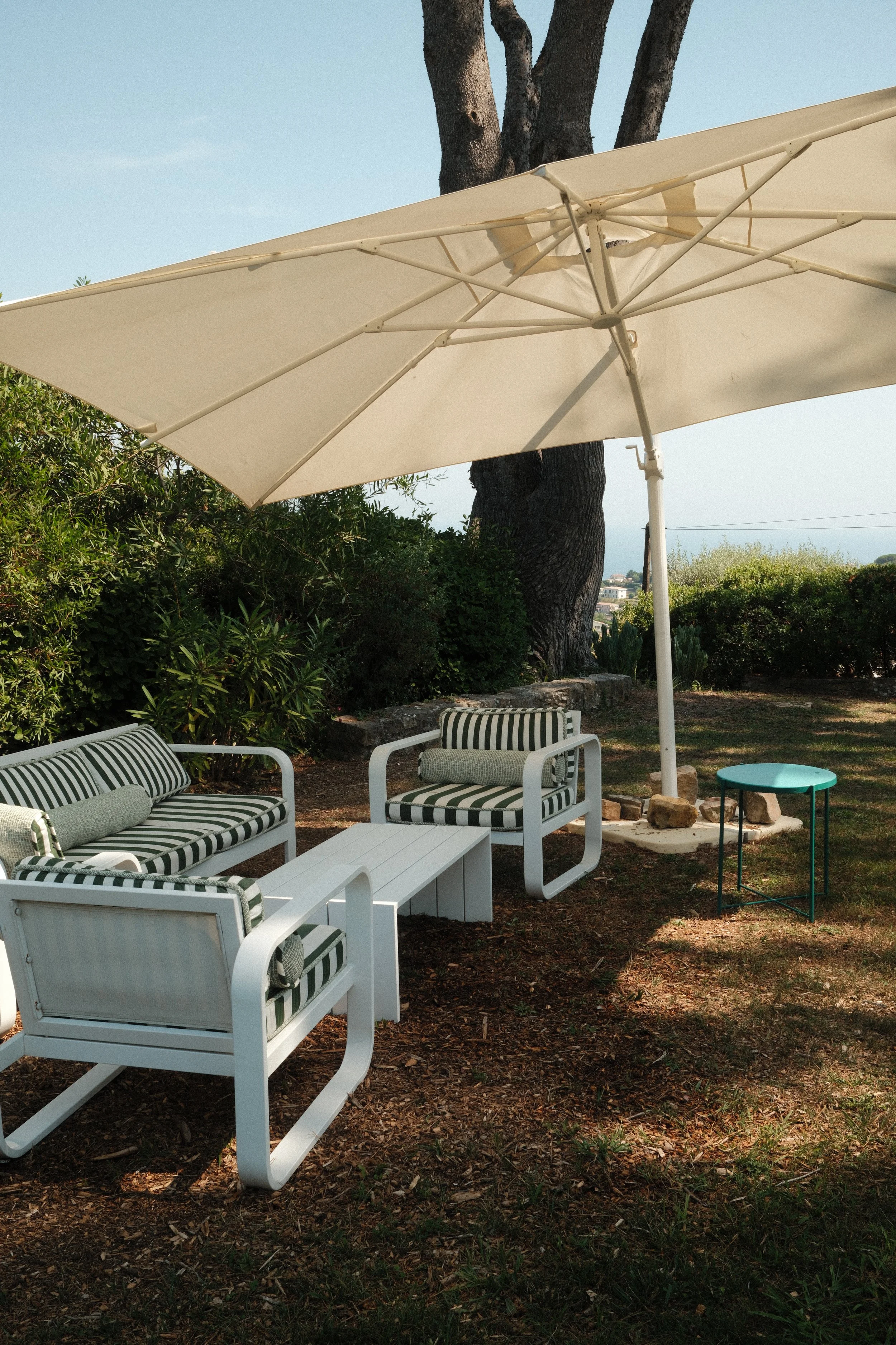 Outdoor lounge beneath pine trees overlooking the coastline