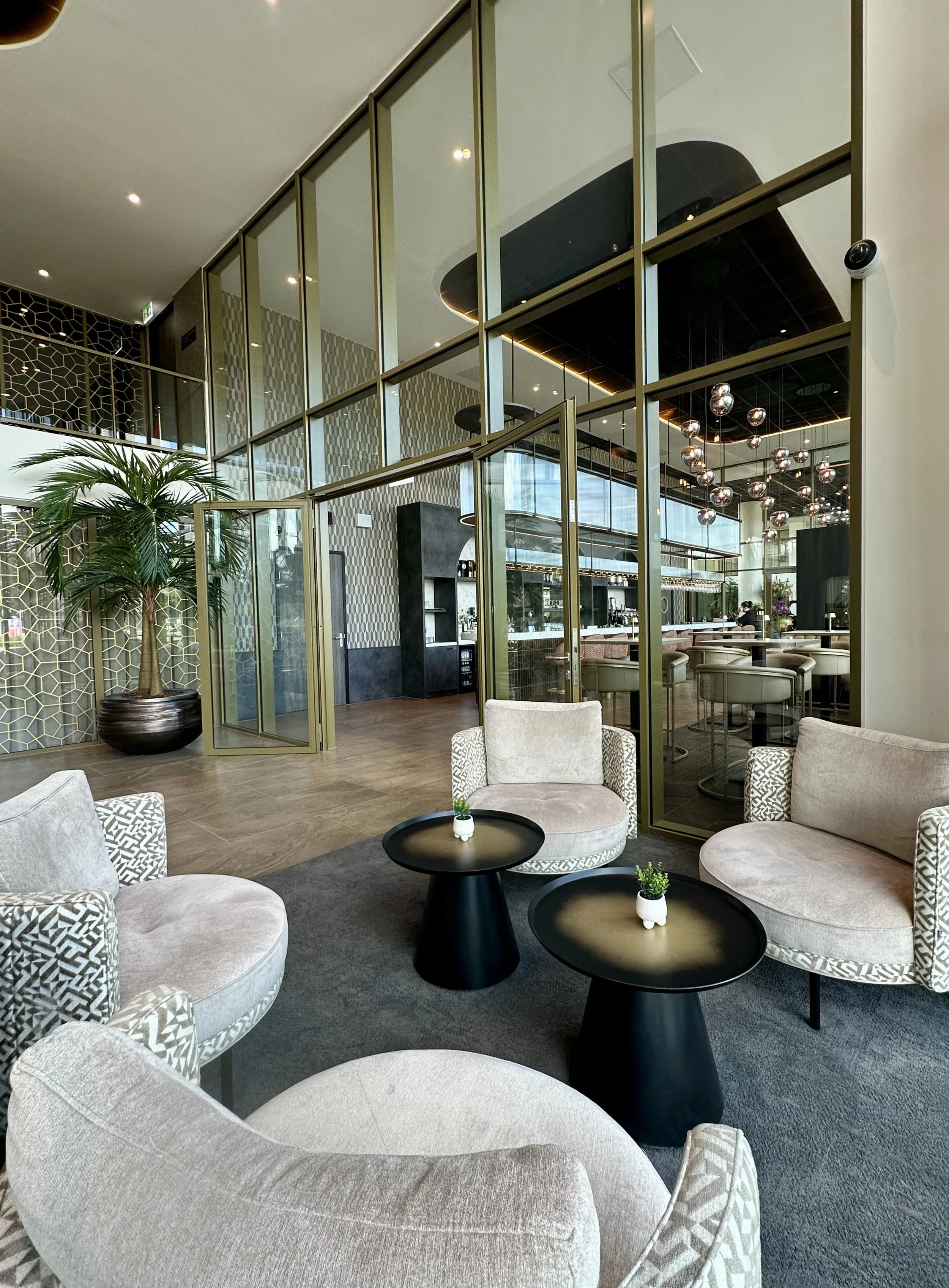 Inviting lobby lounge with designer seating and modern architectural details