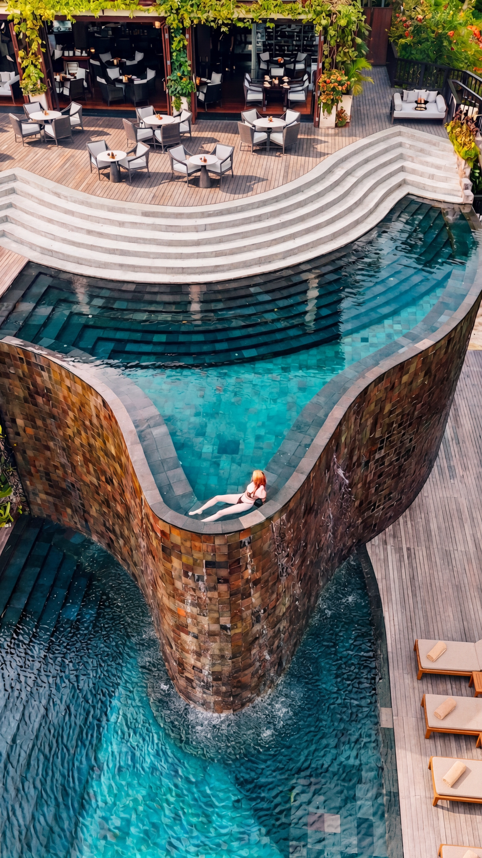 Iconic tiered infinity pool surrounded by jungle at Hanging Gardens of Bali