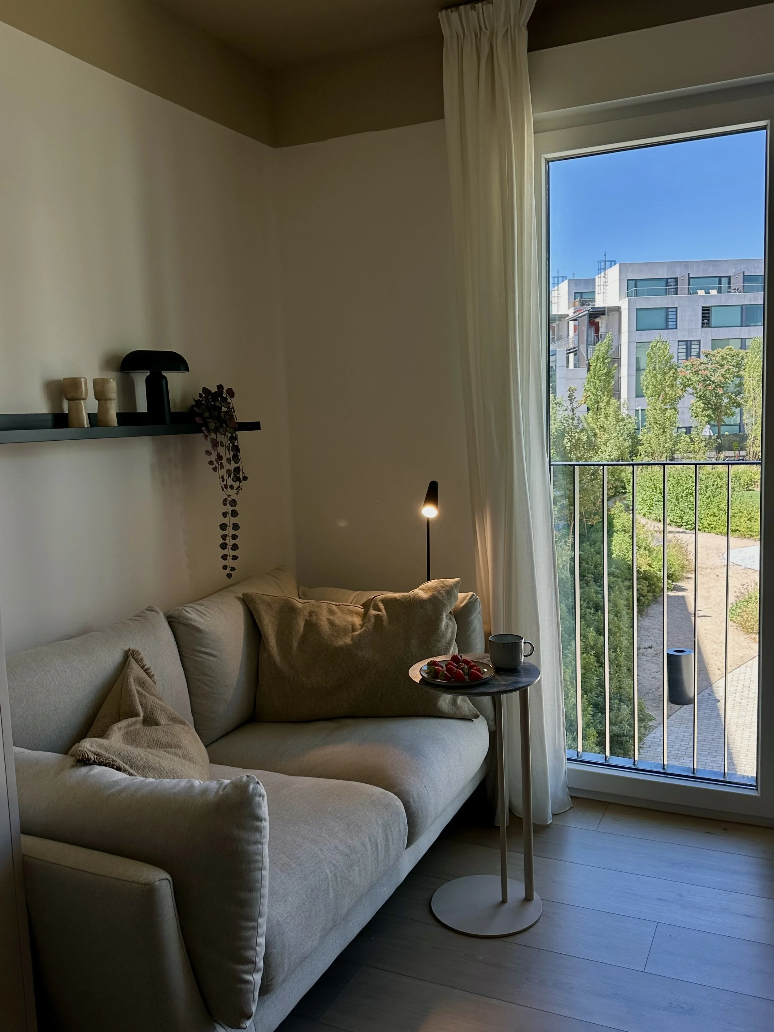 Cozy apartment living room with natural light and peaceful city views