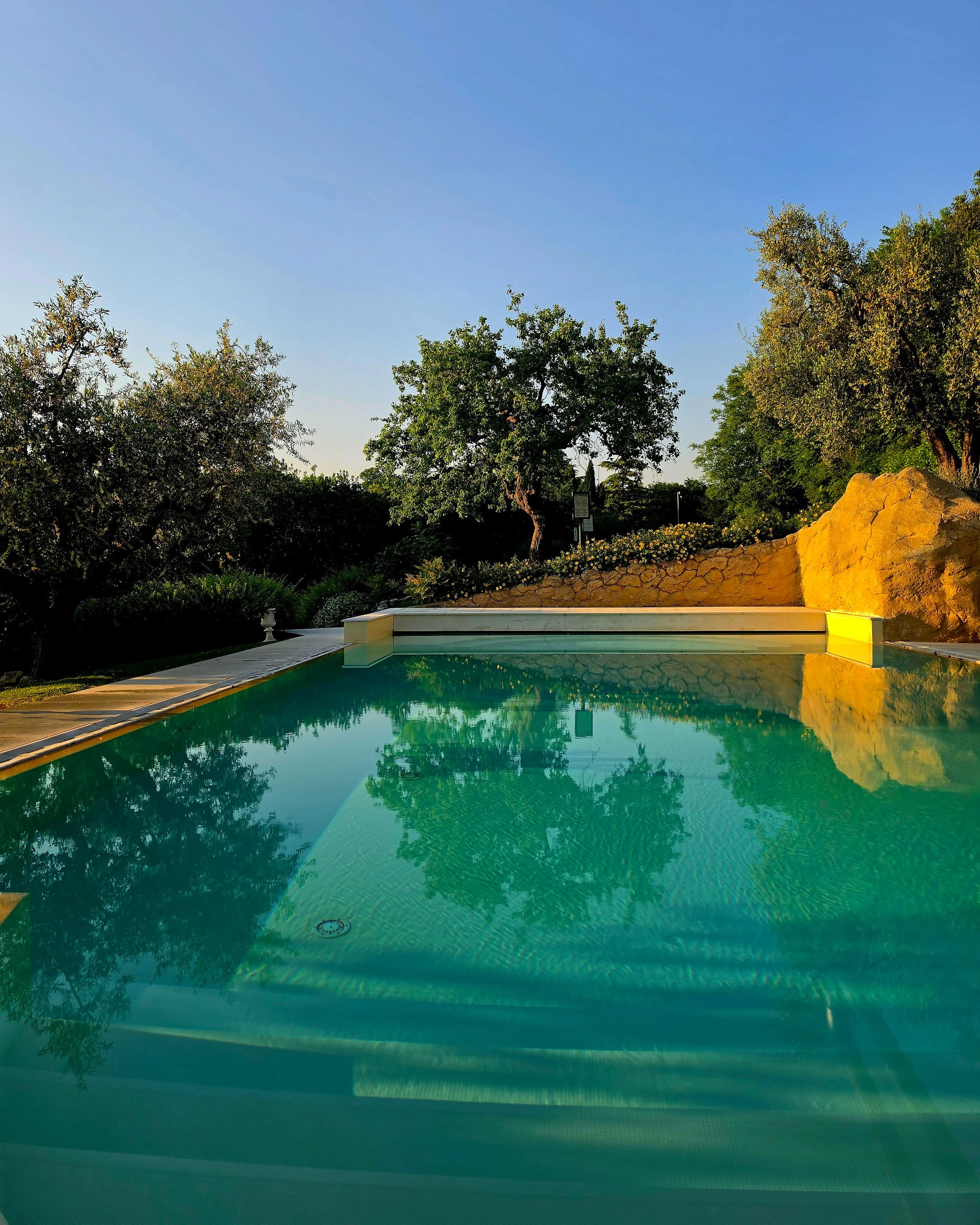 Outdoor infinity pool surrounded by olive trees and peaceful gardens overlooking the hills of Verona
