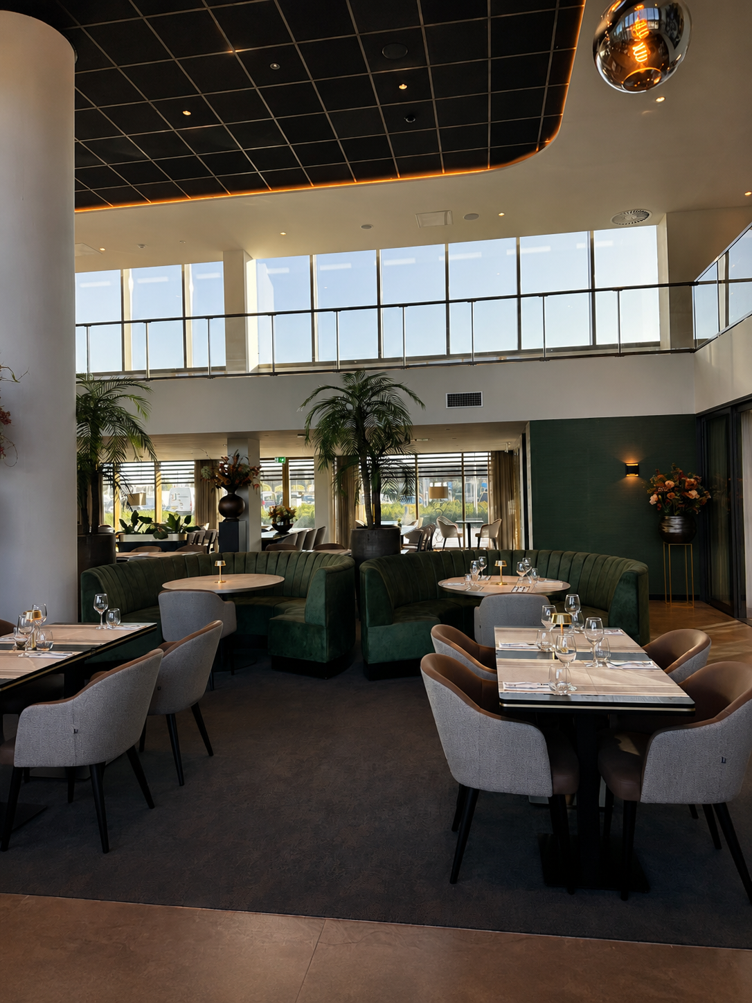 Elegant restaurant with velvet seating and contemporary open-plan design