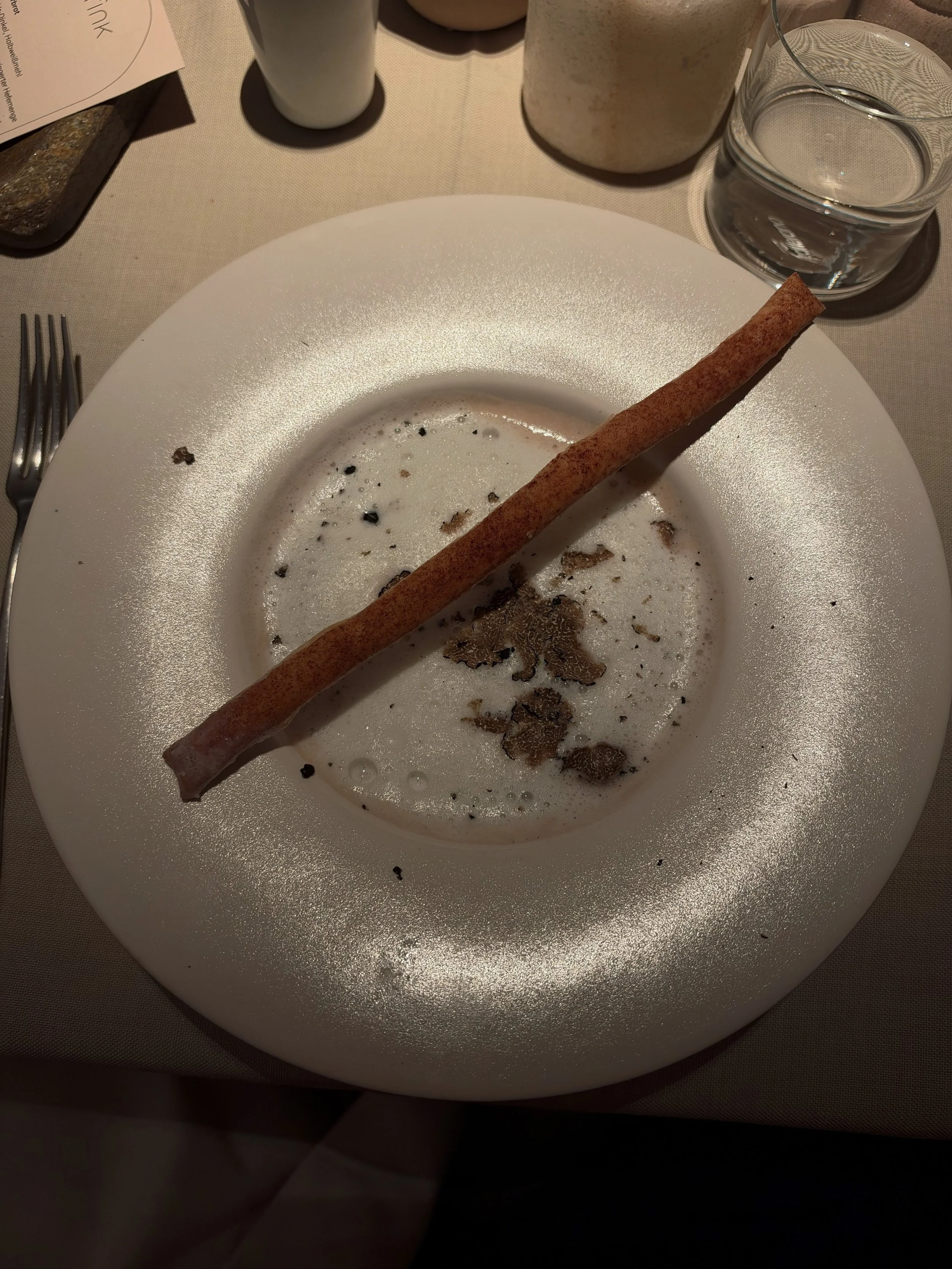 Refined culinary creation featuring a creamy white sauce, delicate truffle shavings, and a crisp garnish