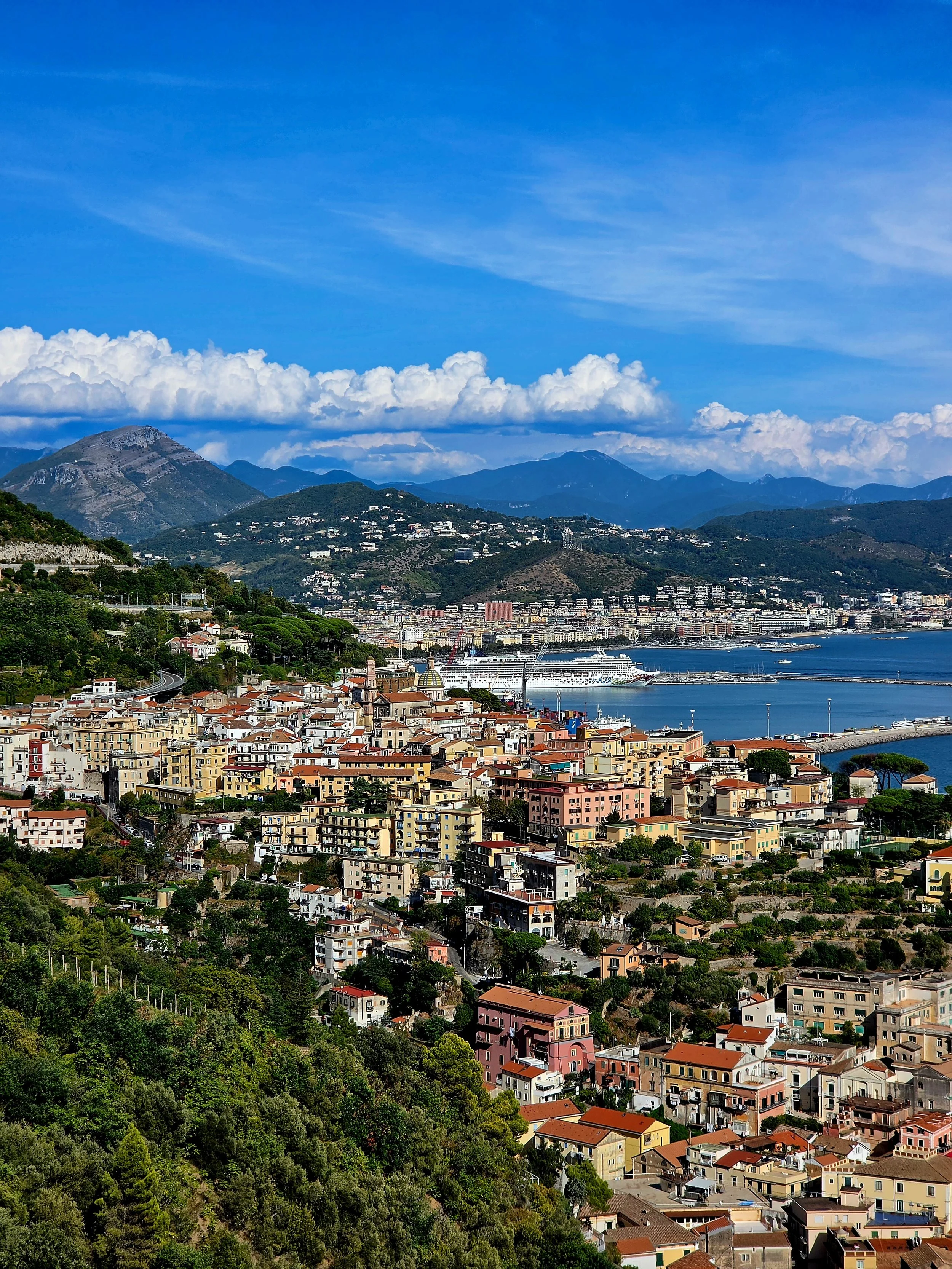 Panoramic view from superior room across Vietri sul Mare, the Gulf of Salerno, and surrounding mountains