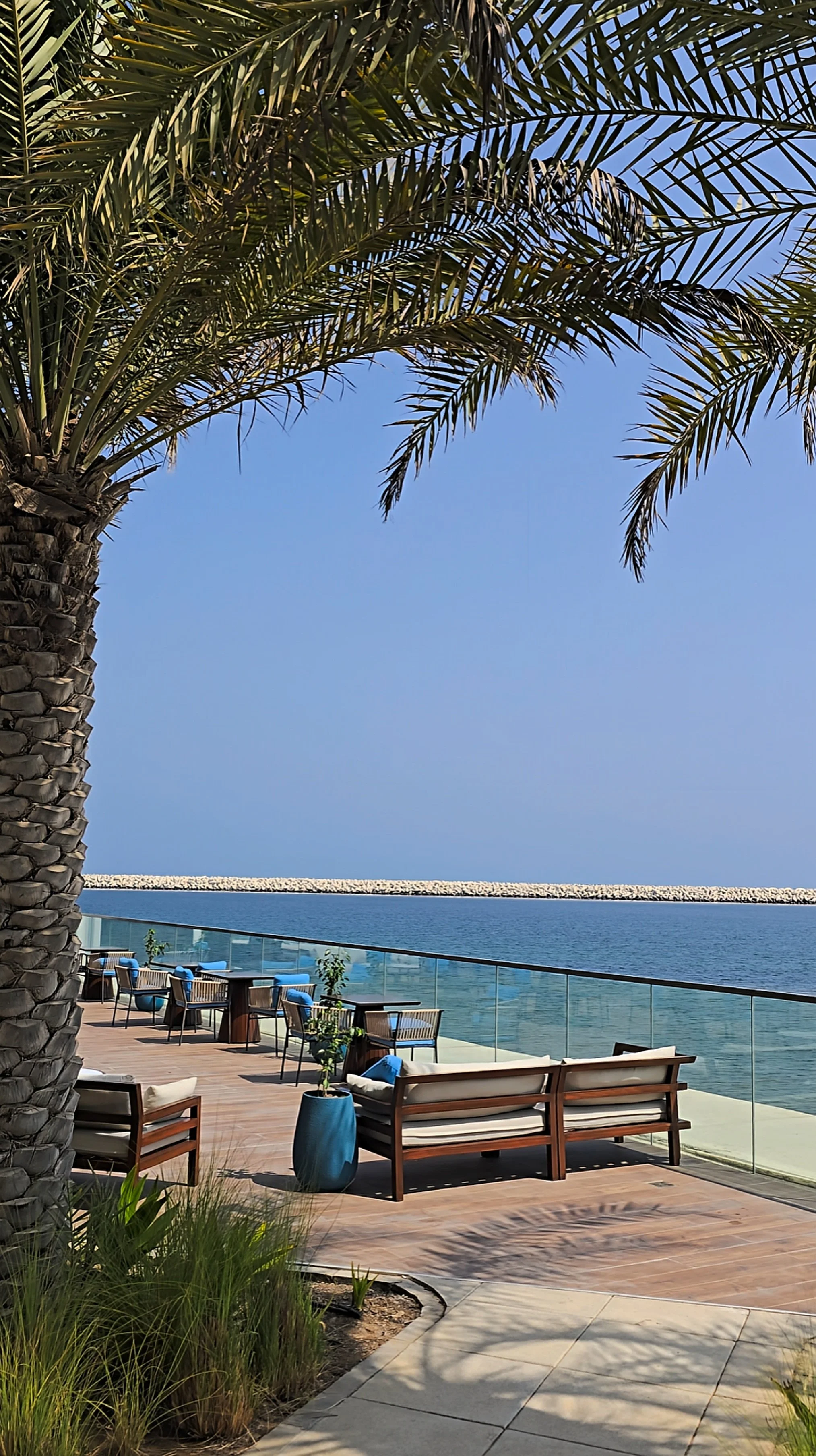Seafront terrace with wooden lounge furniture, blue cushions, palm trees, and uninterrupted views of the Arabian Sea