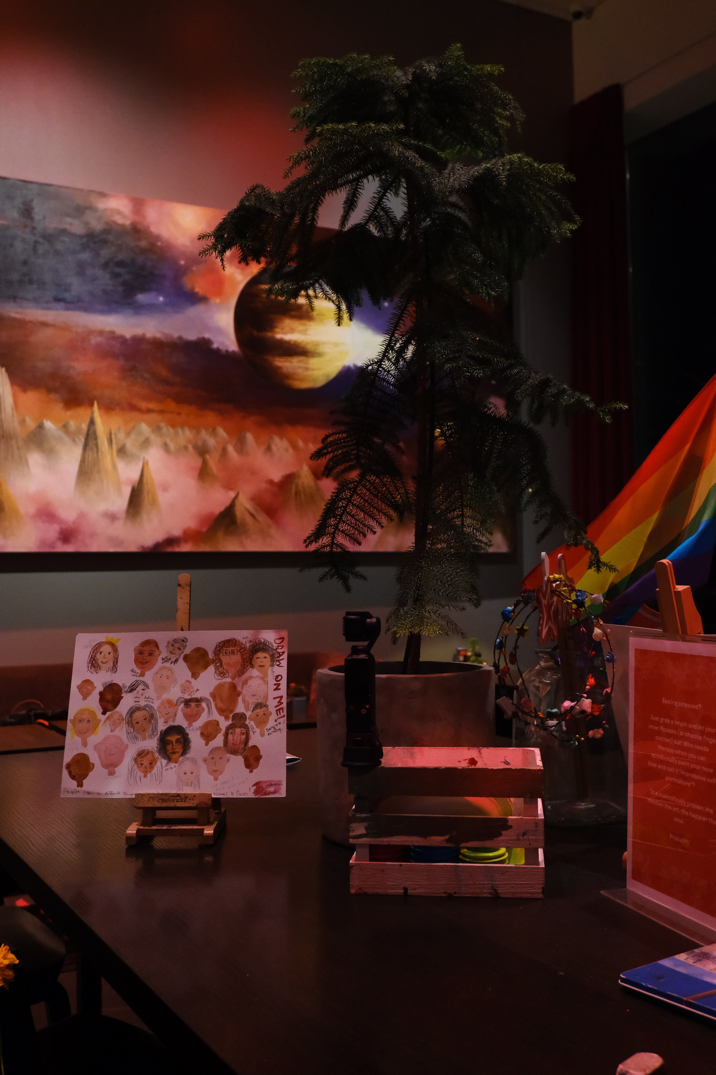 Creative workspace showcasing modern artwork and vibrant design elements