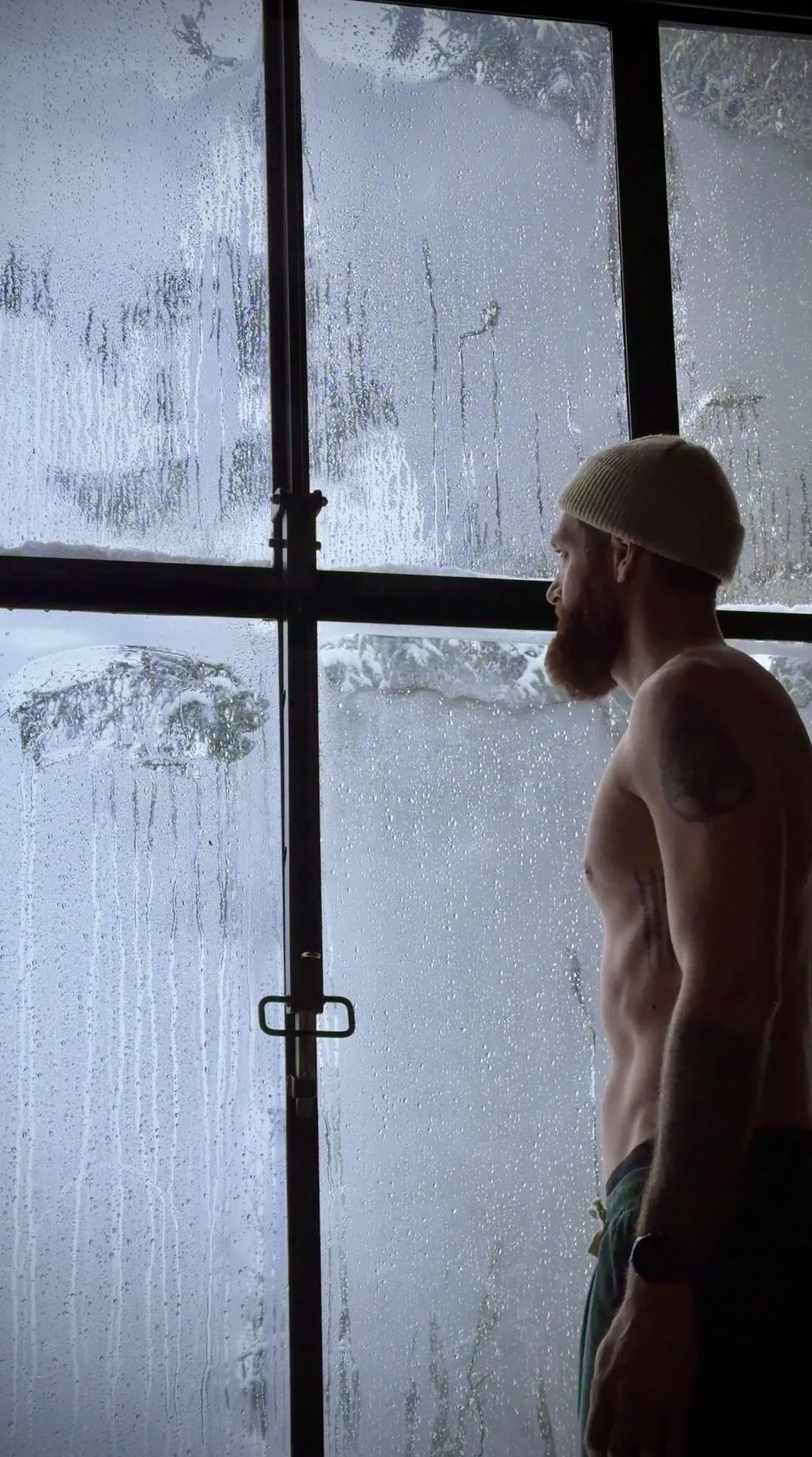Condensation-covered windows framing a winter landscape, capturing the contrast between warmth indoors and cold outside, Nutchel Forest Village Alsace – Plaine, France.