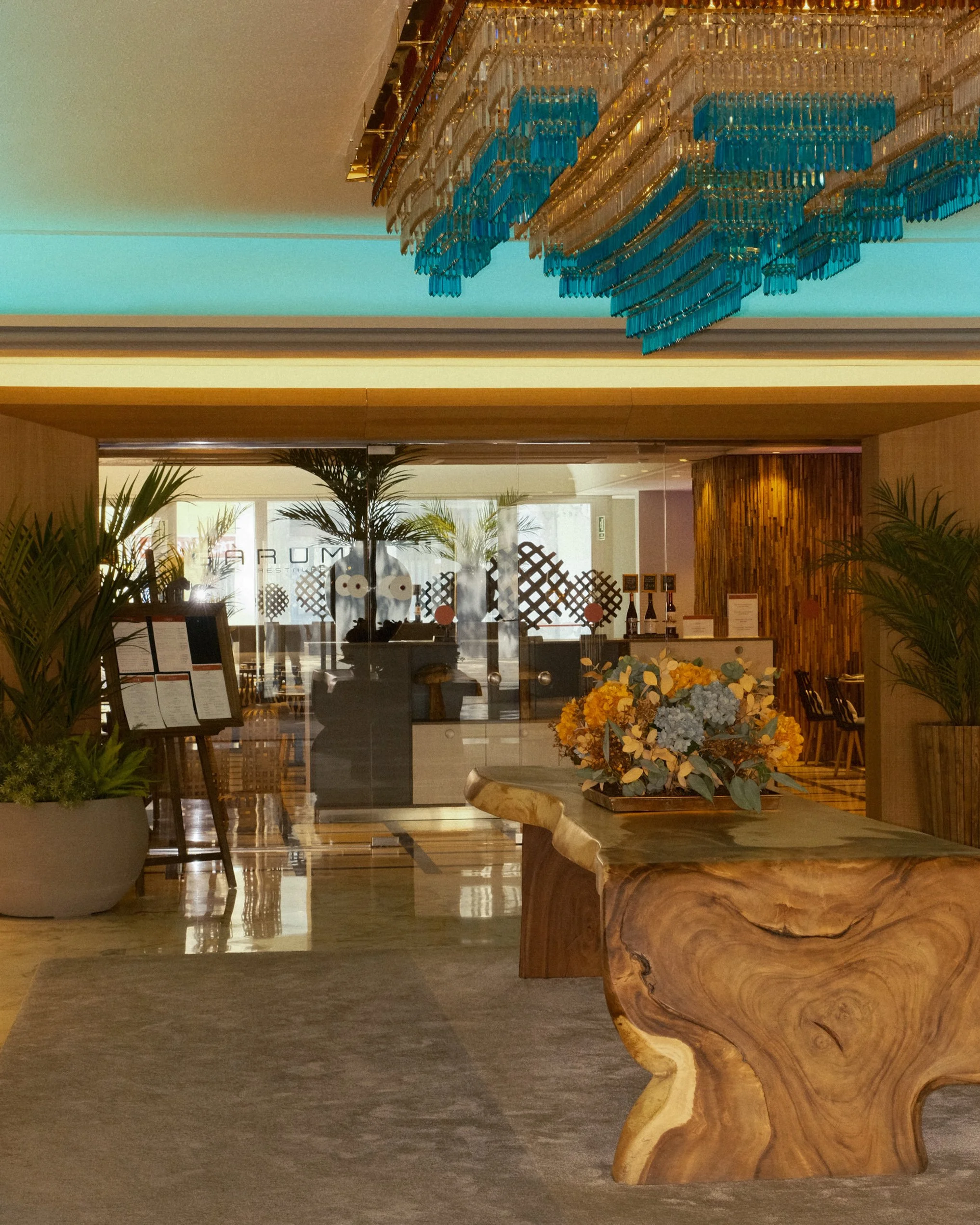 Contemporary hotel lobby featuring designer lighting and natural wood furnishings