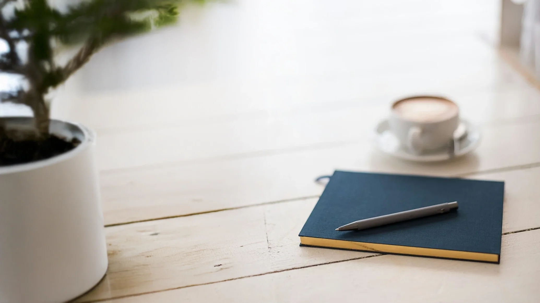 A white table with a potted plant, a blue notebook, a gray pen, and a cup of coffee on a saucer.