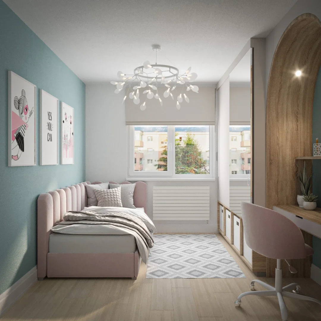 Design interior cameră fată cu mobilier integrat și detalii elegante