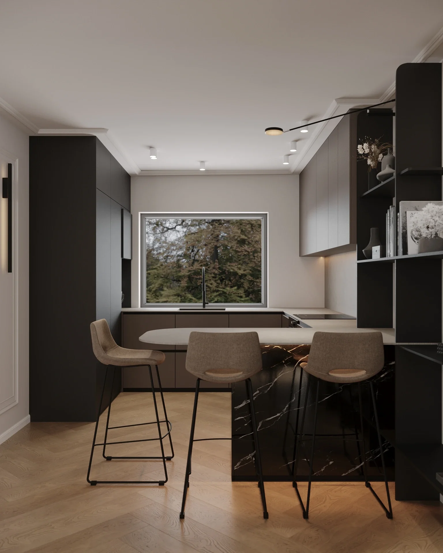 Design interior Cluj pentru bucătărie familială cu insulă și rafturi deschise