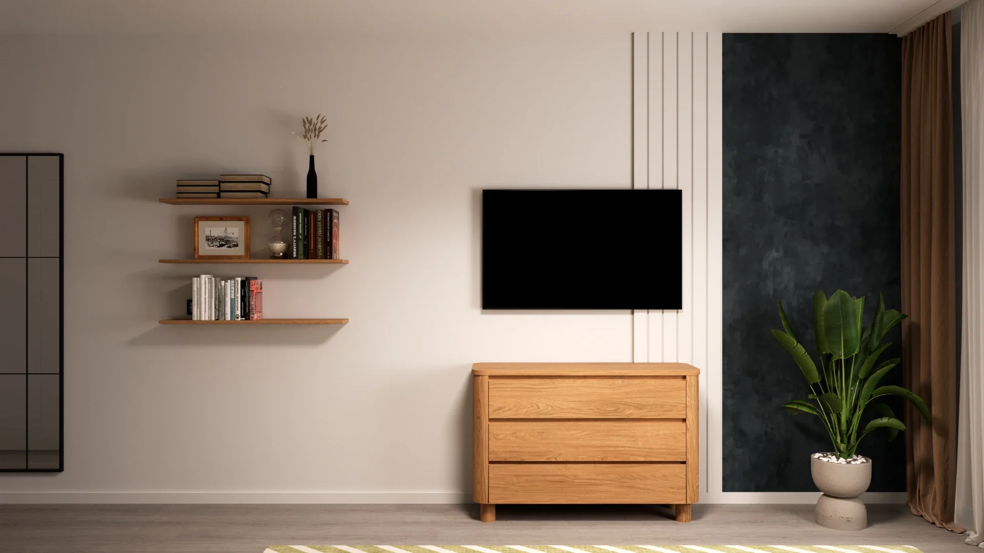 Design interior pentru dormitor compact cu atmosferă elegantă și confortabilă