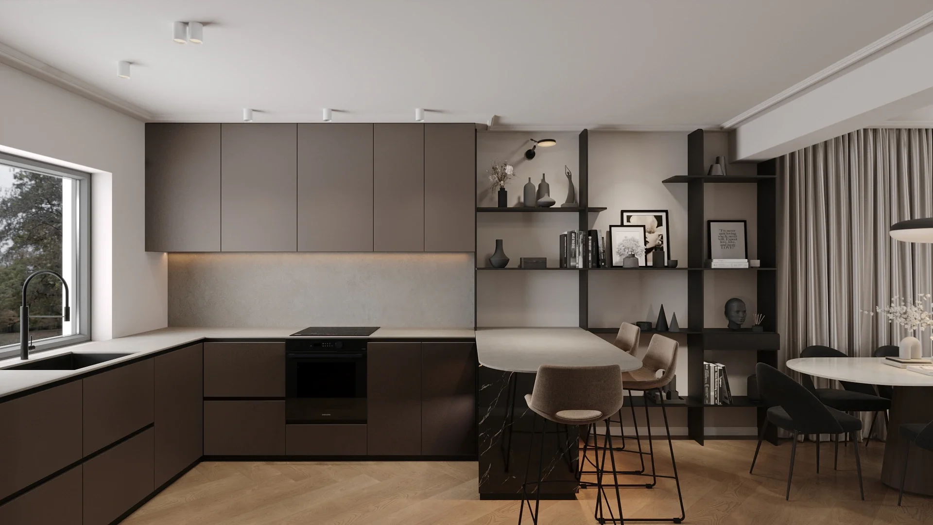 Detaliu de bucătărie cu rafturi decorative și polițe integrate — proiect ALTO Design în Cluj-Napoca