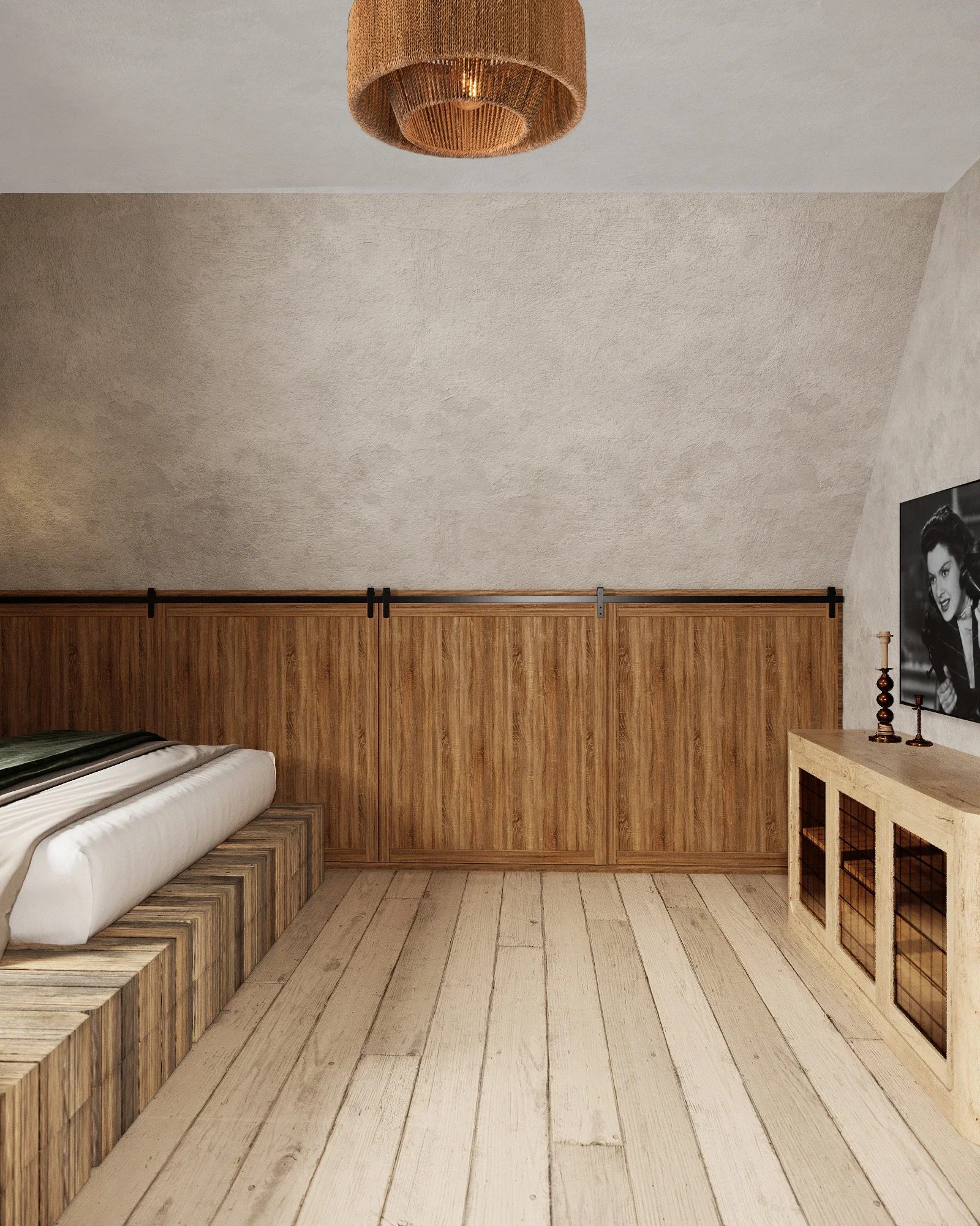 Design interior pentru hol rustic cu finisaje naturale și lumină caldă într-o casă din lemn autentică