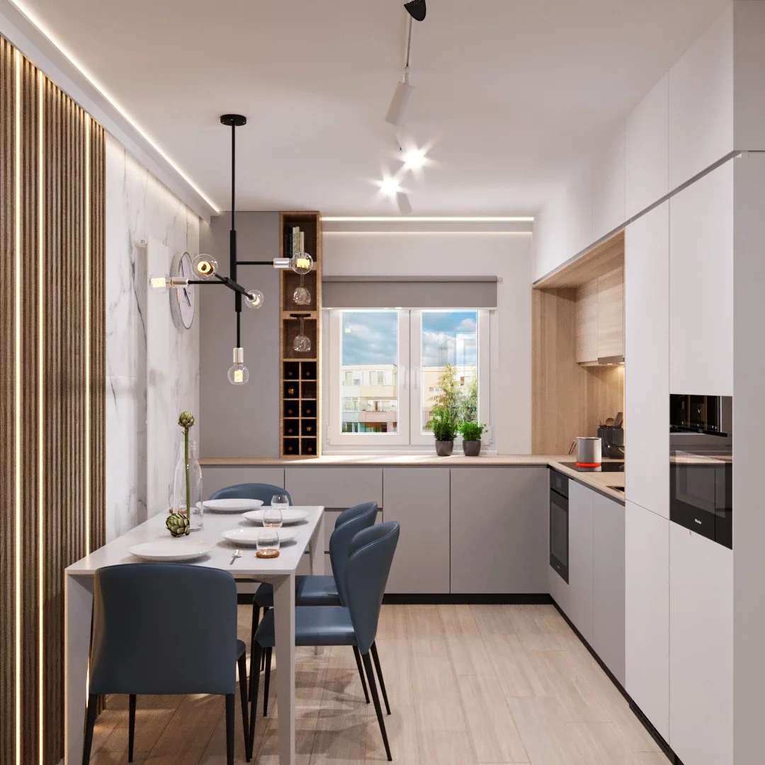 Spațiu de dining contemporan cu accente din lemn și iluminat arhitectural